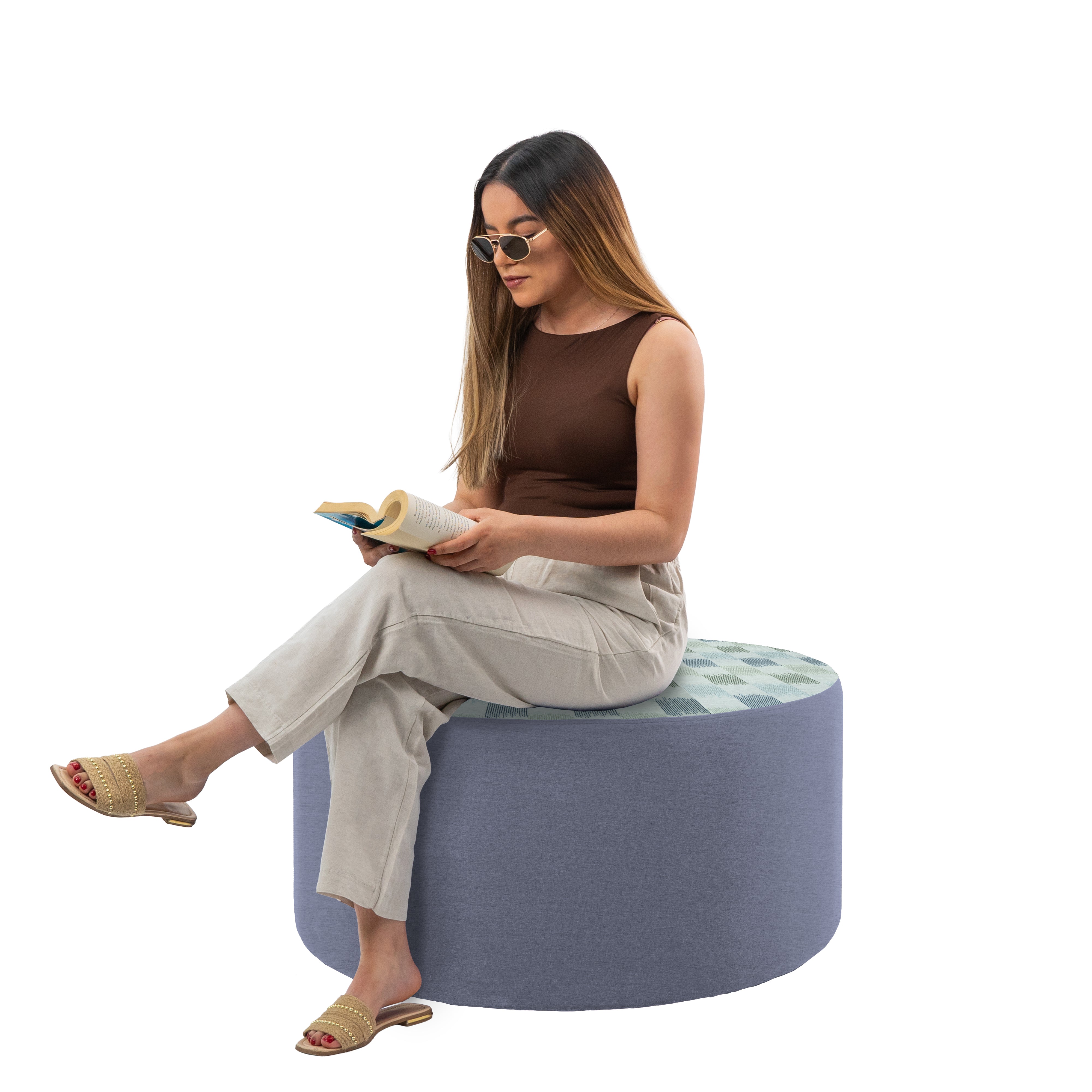 Outdoor 36" Round Ottoman with Sunbrella, 18" H - Dream Mist/Canvas Haze