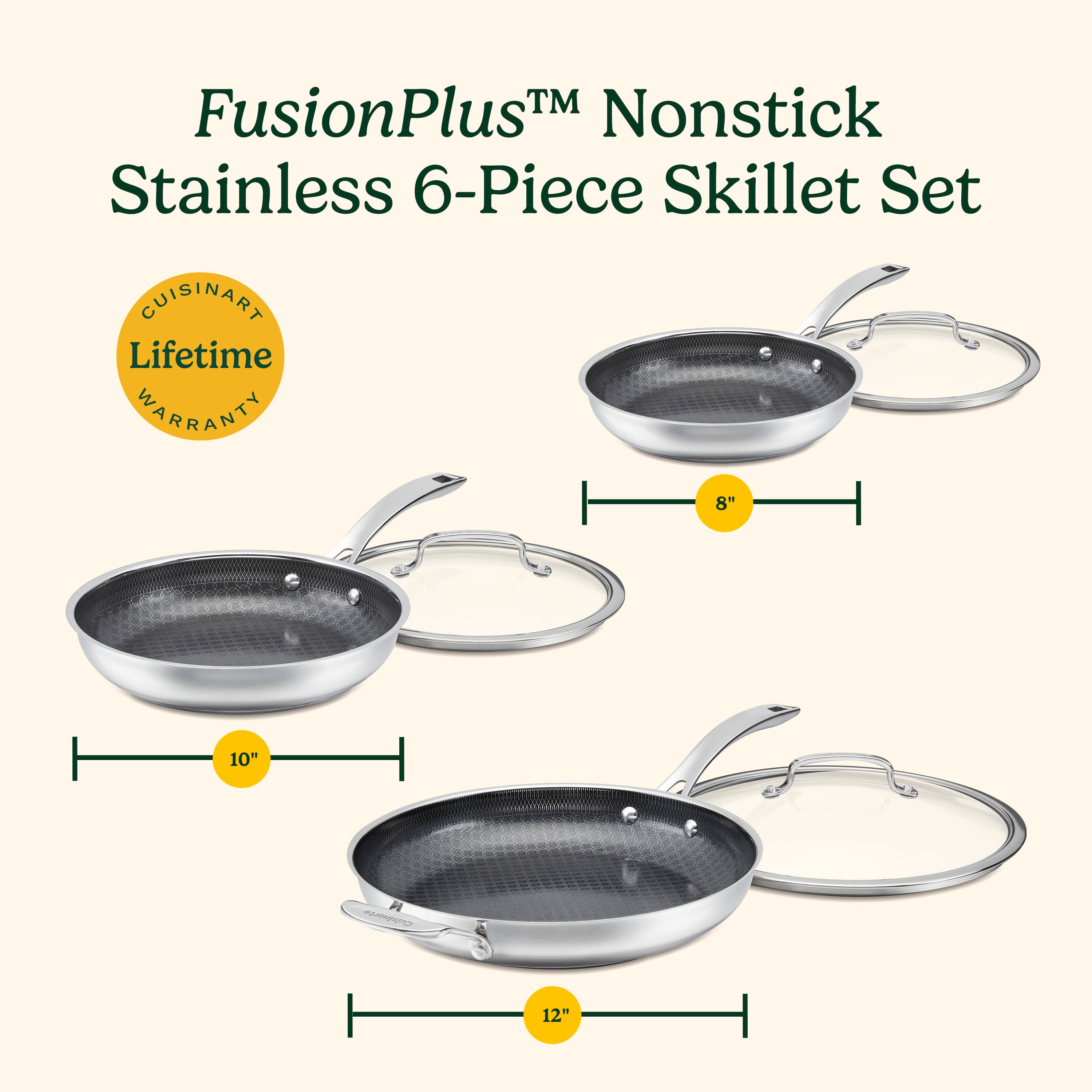 FusionPlus™ 6pc Skillet Set– 8” with Lid 10” with Lid 12” with Lid