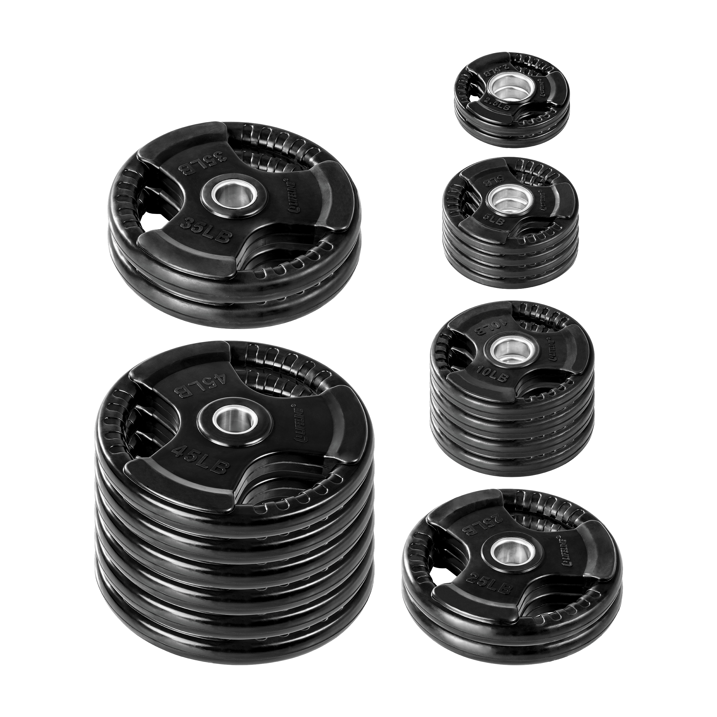 Lifeline 455Lb Pro Olympic Grip Plate (Rubber Coated) Set: (6) 45Lb (2) 35Lb (2) 25Lb (4) 10Lb (4) 5Lb (2) 2.5 Lb Plates