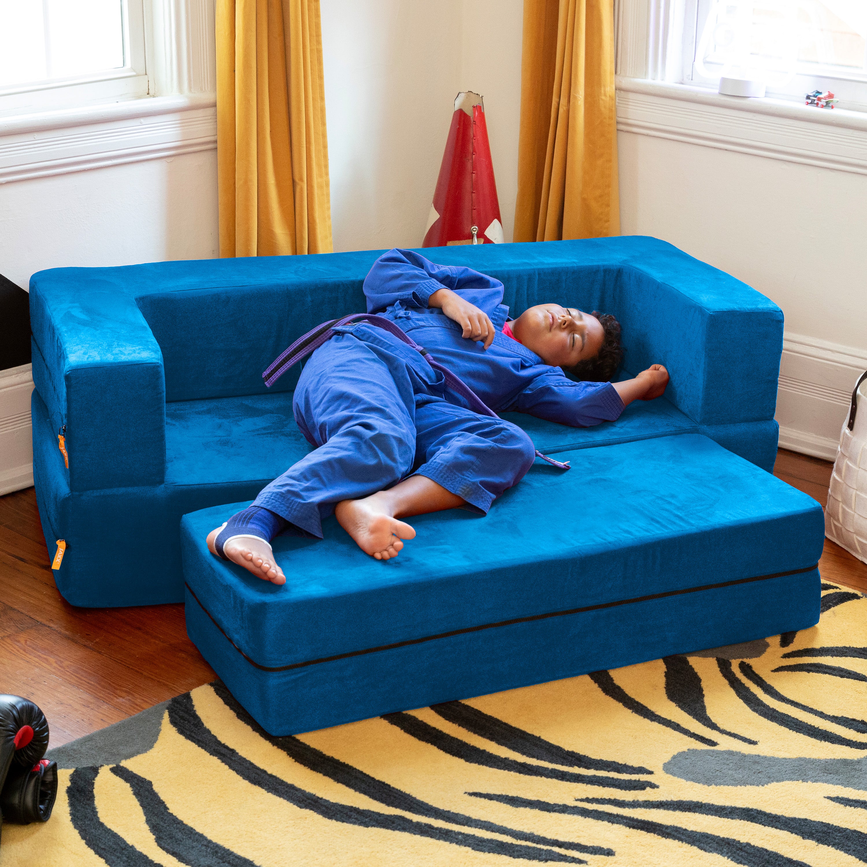 Jaxx Zipline Kids Sofa & Large Ottoman, 3 in 1 Fold Out Sofa, Big Kids Edition, Blueberry