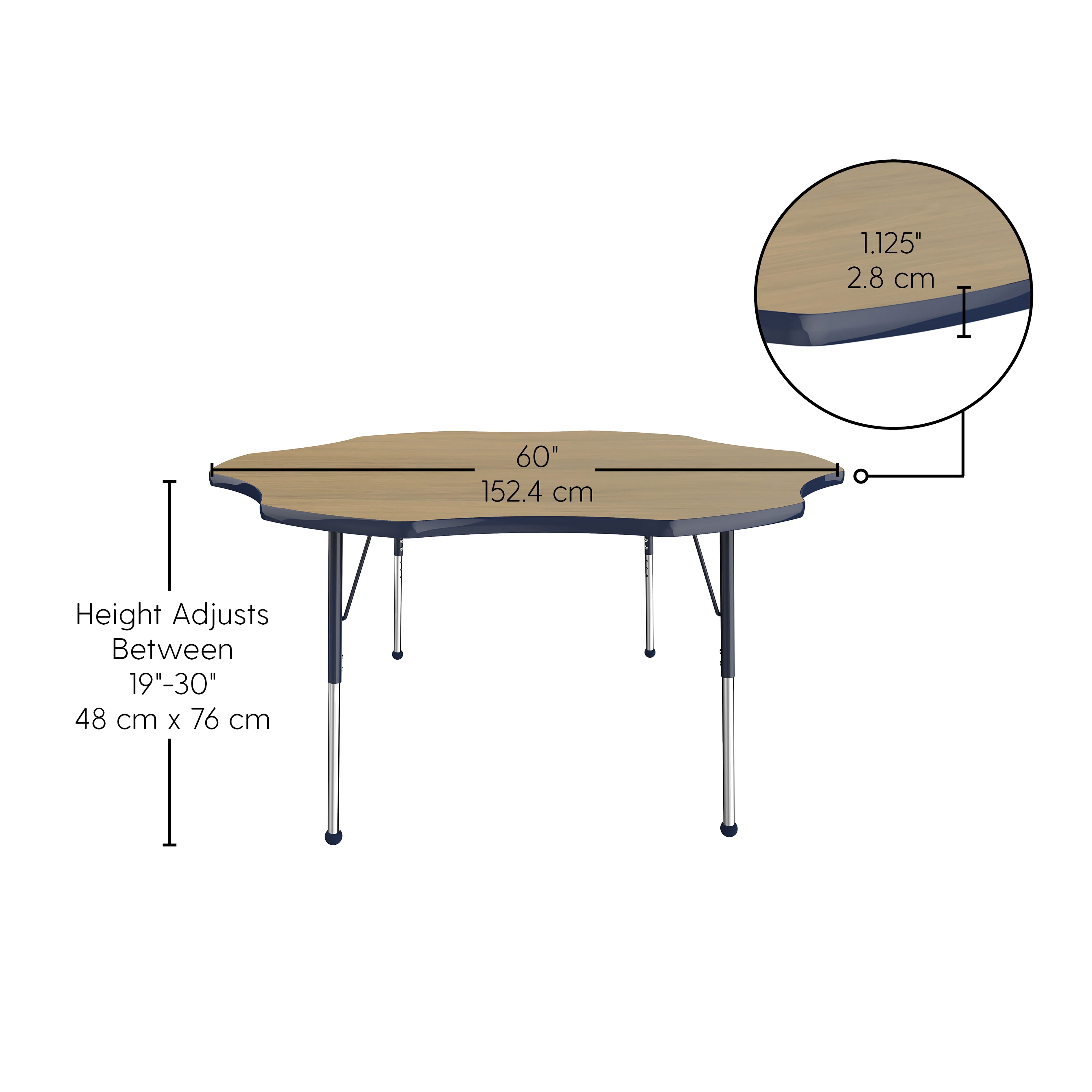 60" x 60" Flower T-Molding Activity Table with Adjustable Standard Ball Glide Legs - Pasadena Oak/Navy