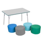 30" x 48" Rectangle Thermofused Activity Table with Standard Swivel Legs and Round Ottomans 12" Height, 5-Piece Set - Gray/Seafoam/Silver/Contemporary