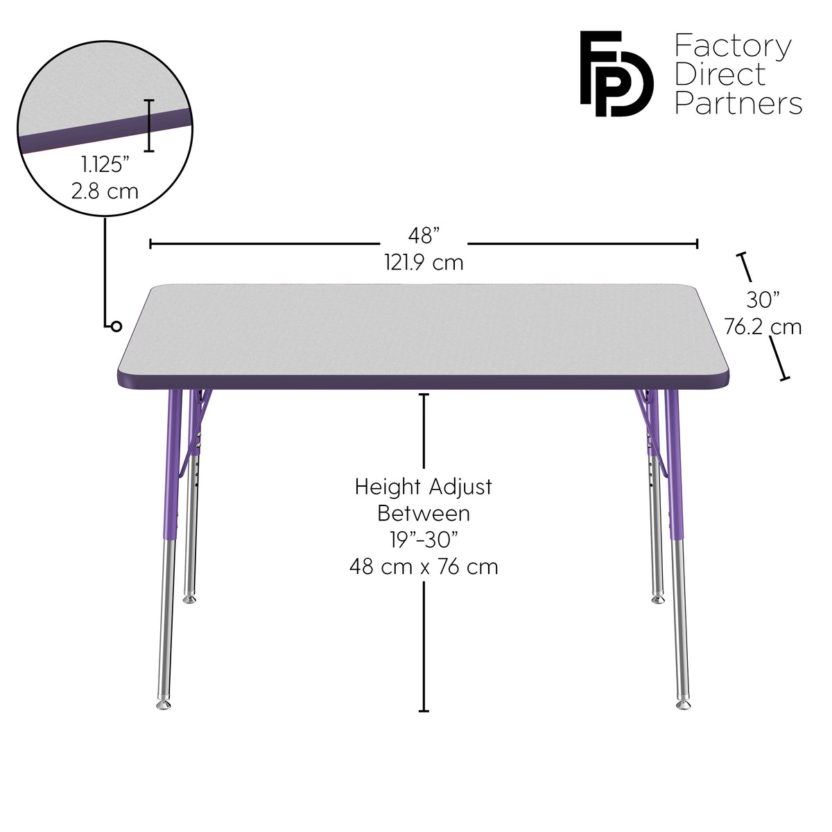 30" x 48" Rectangle T-Molding Activity Table with Adjustable Standard Swivel Glide Legs - Gray/Purple