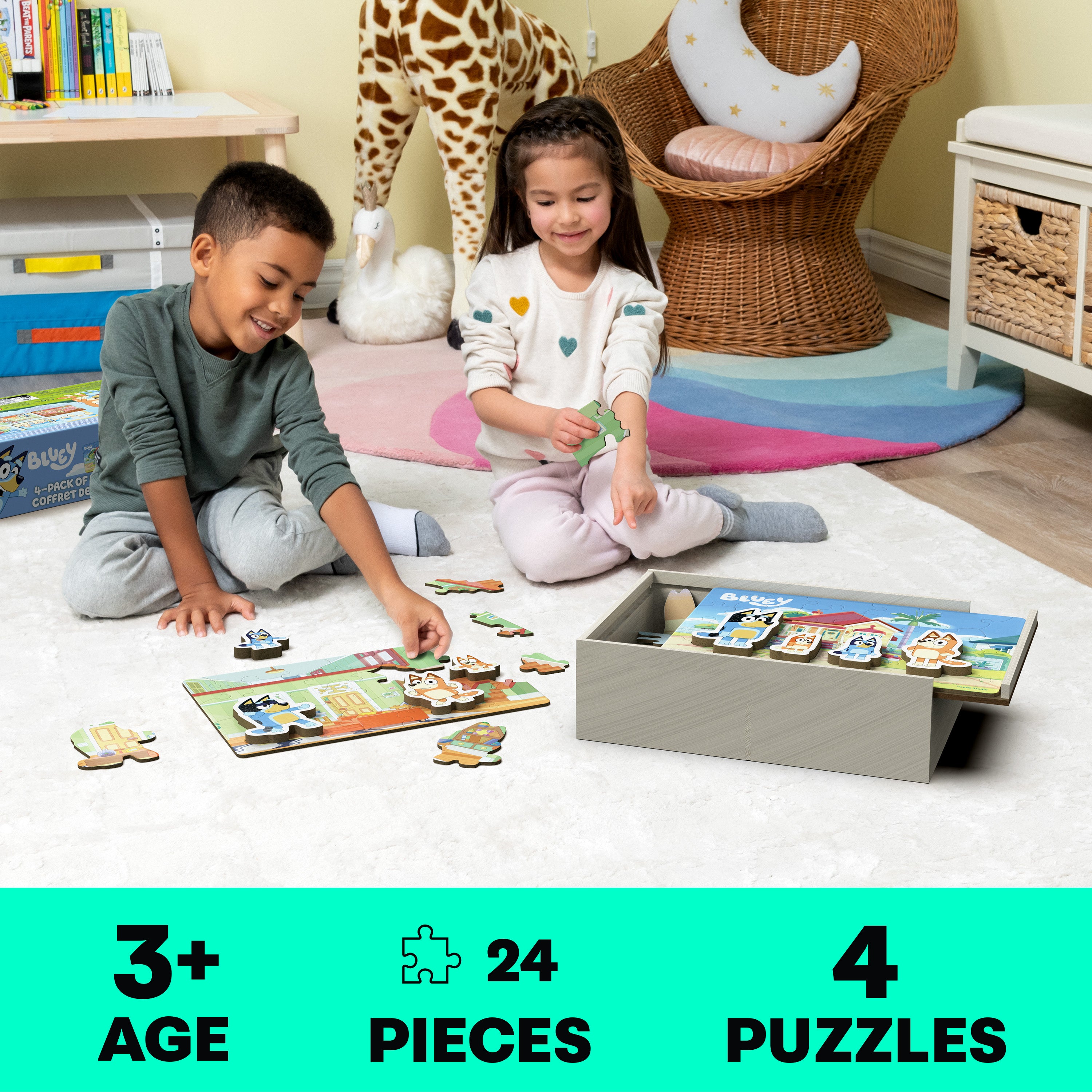 Spin Master Games, Bluey Puzzles 4-Pack, Wooden Jigsaw Puzzles for Preschoolers, 24 Pieces Each, Interchangeable Pieces, Bluey Birthday Gifts, for Kids Ages 3 & Up