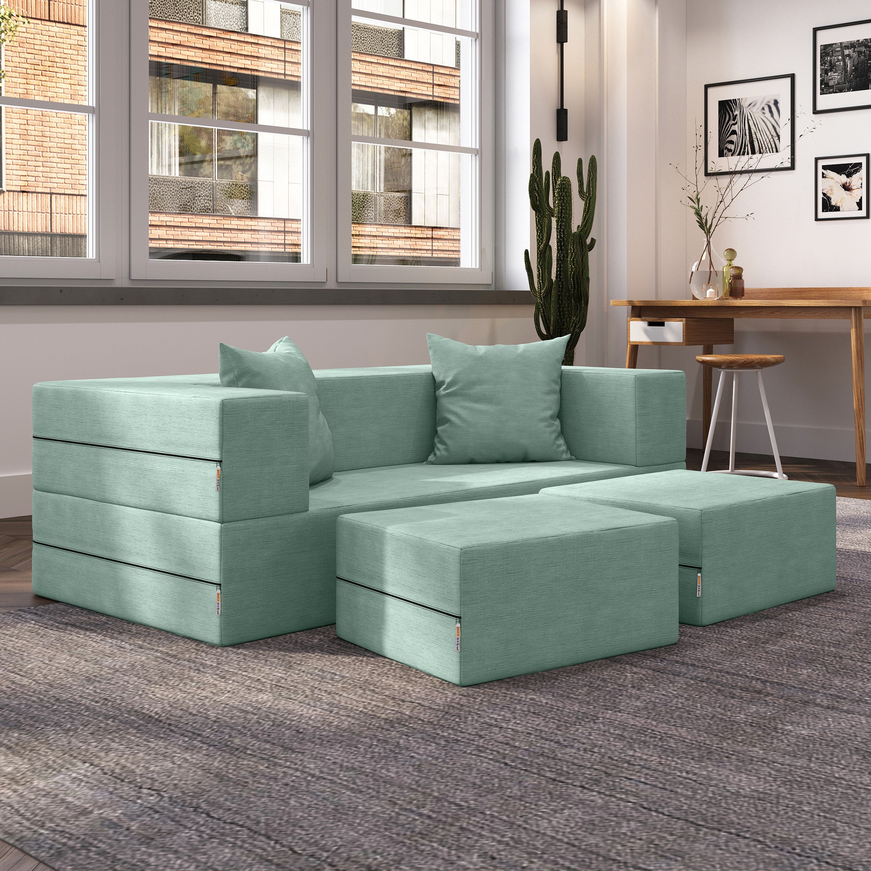 Jaxx Zipline Convertible Sleeper Loveseat & Ottomans, Textured Microvelvet - Caribbean