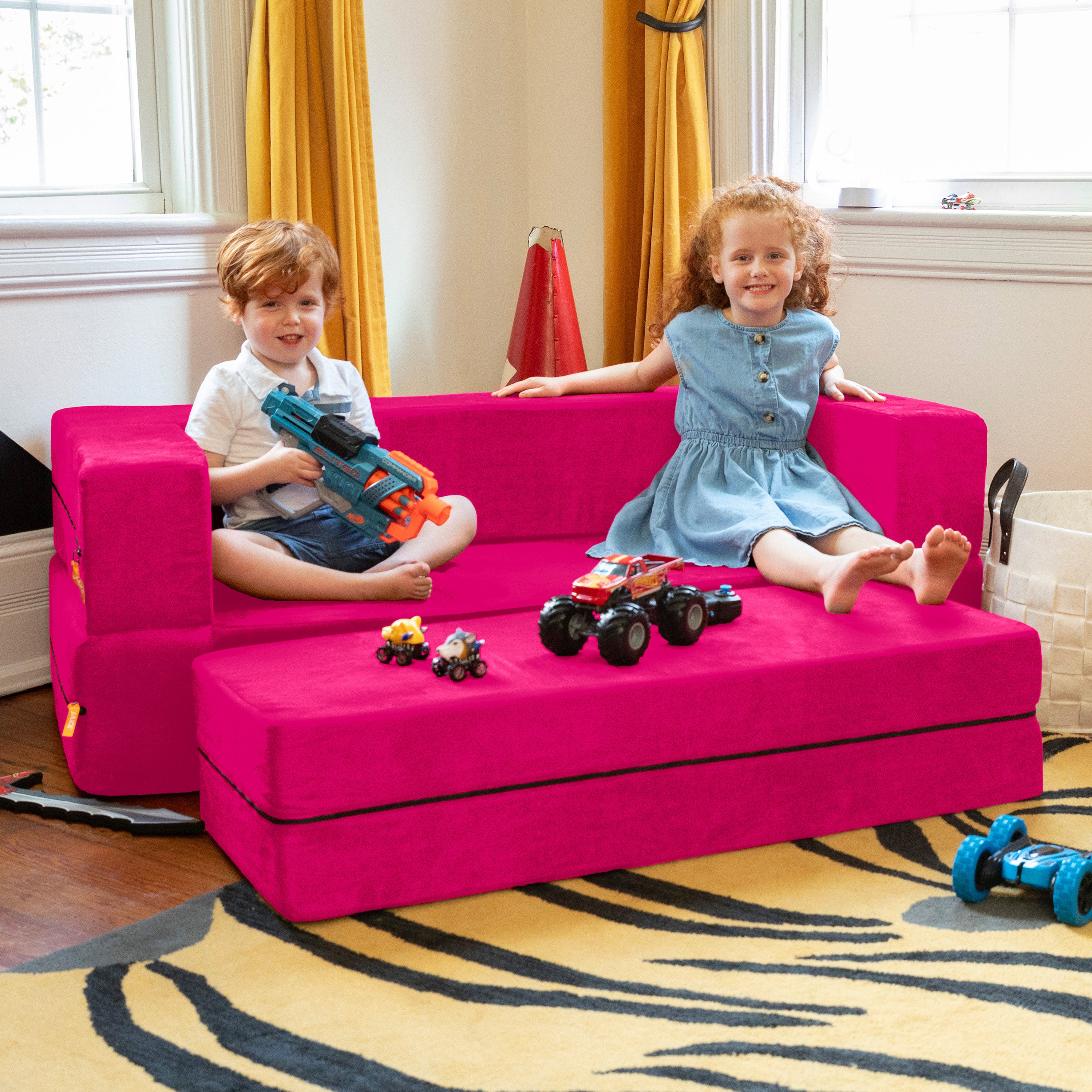 Jaxx Zipline Kids Sofa & Large Ottoman, 3 in 1 Fold Out Sofa, Big Kids Edition, Fuchsia