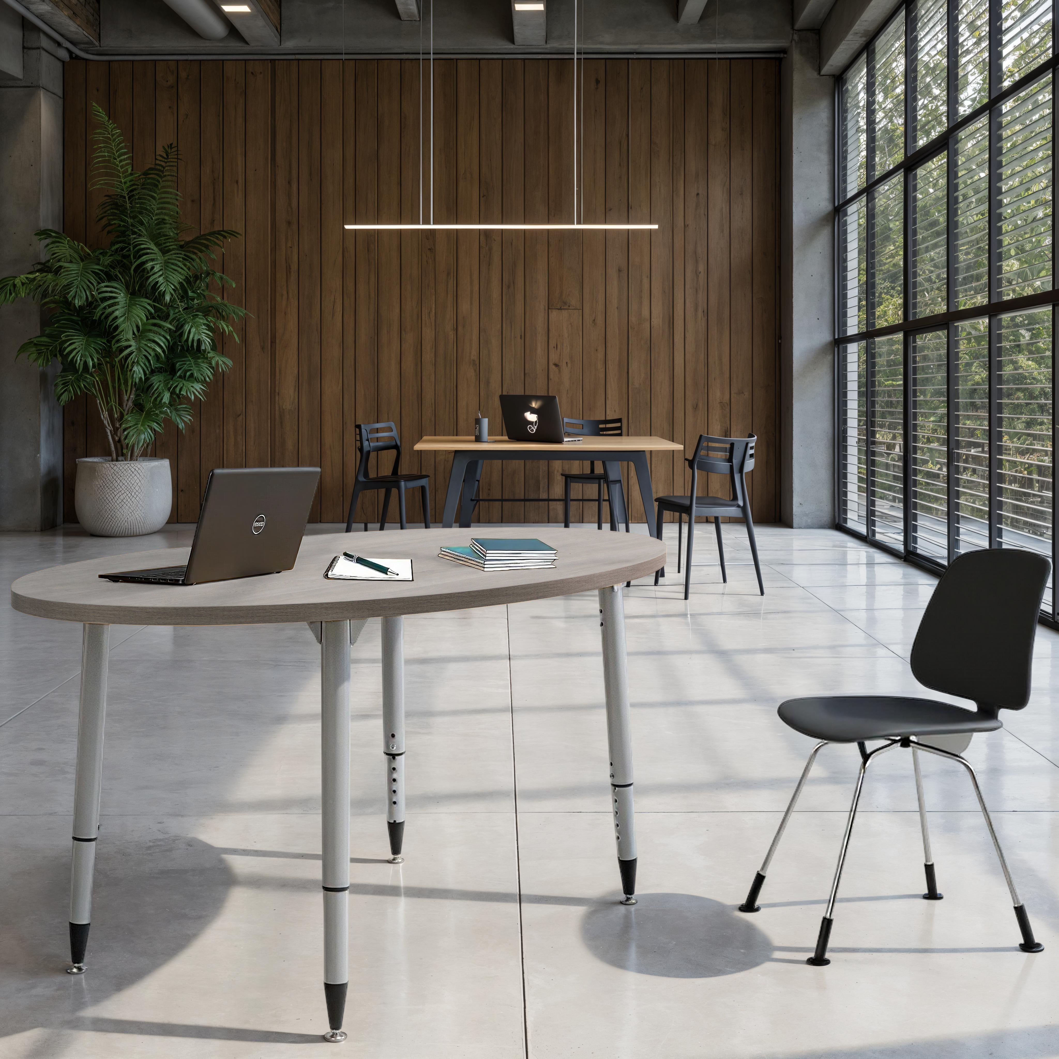 Adapte 30" x 60" Oval Woodgrain Activity Table with Adjustable Tapered Legs - Light Gray Wood/Silver