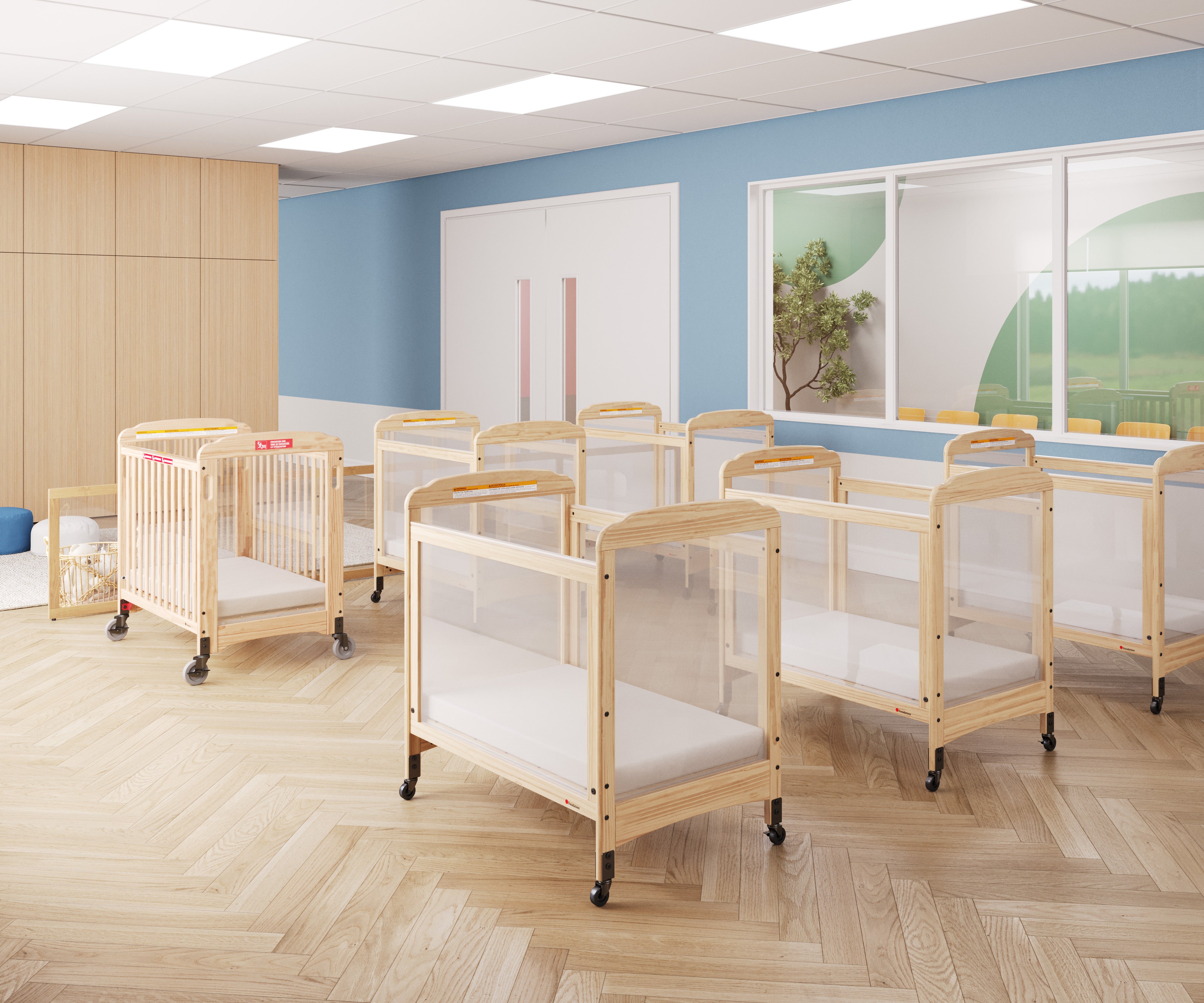 Next Gen Serenity® 4 Panel Clearview Fixed-Side Compact Crib, Natural