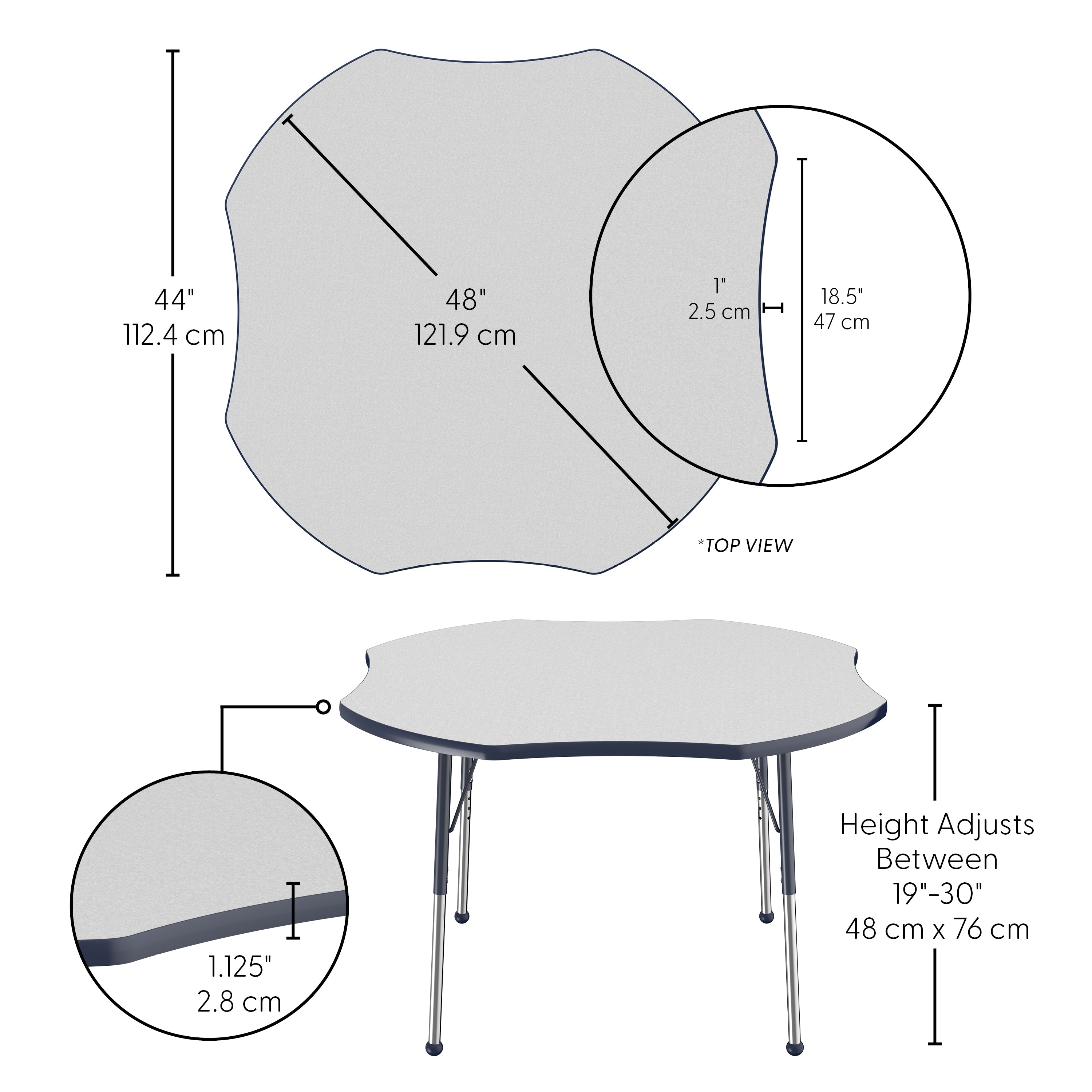 48" x 48" Clover T-Molding Activity Table with Adjustable Standard Ball Glide Legs - Gray/Navy