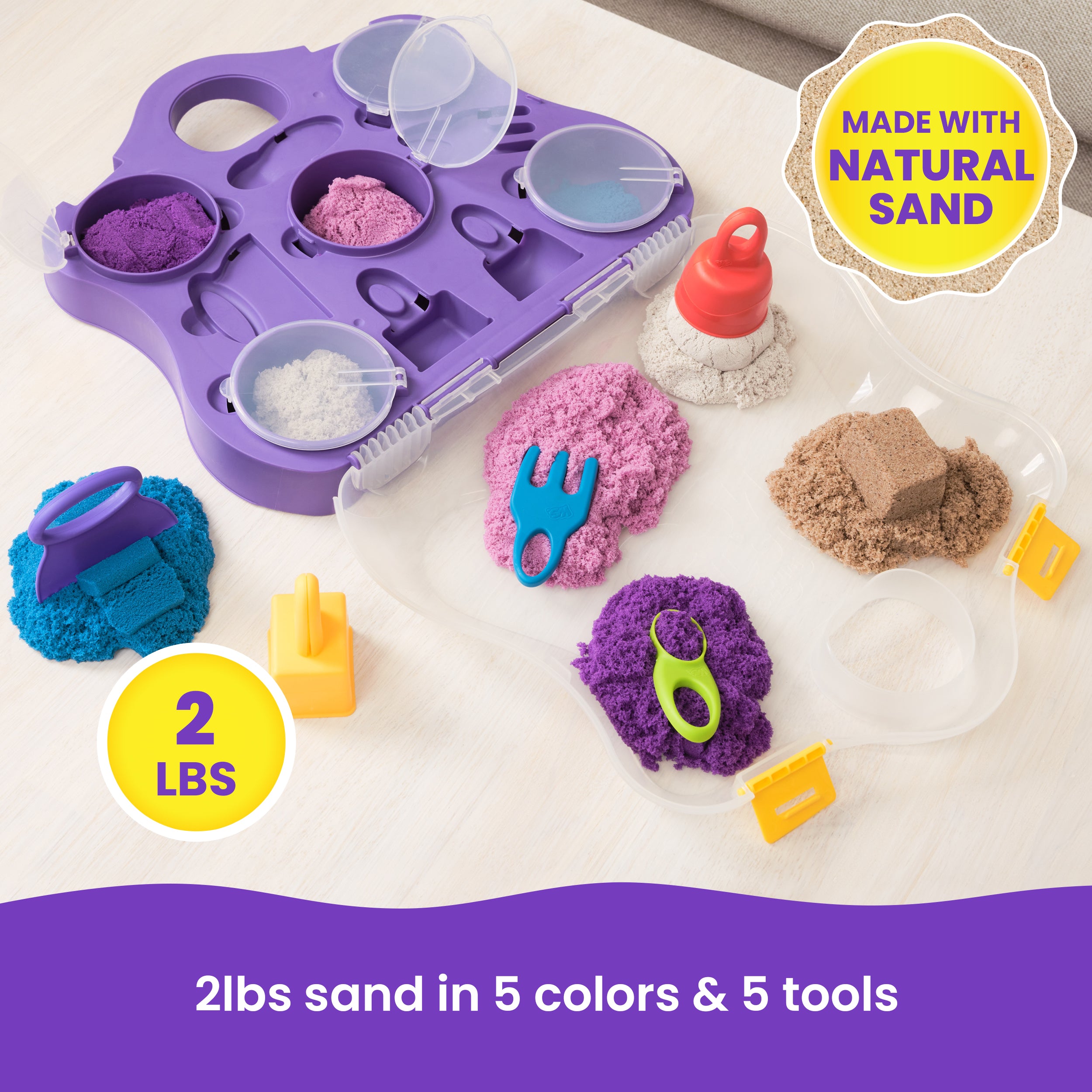 Kinetic Sand, Variety Case with 2lbs Play Sand Beach, Neon & Shimmer & 5 Tools, Reusable Storage, Sensory Toys for Kids Ages 3 and up