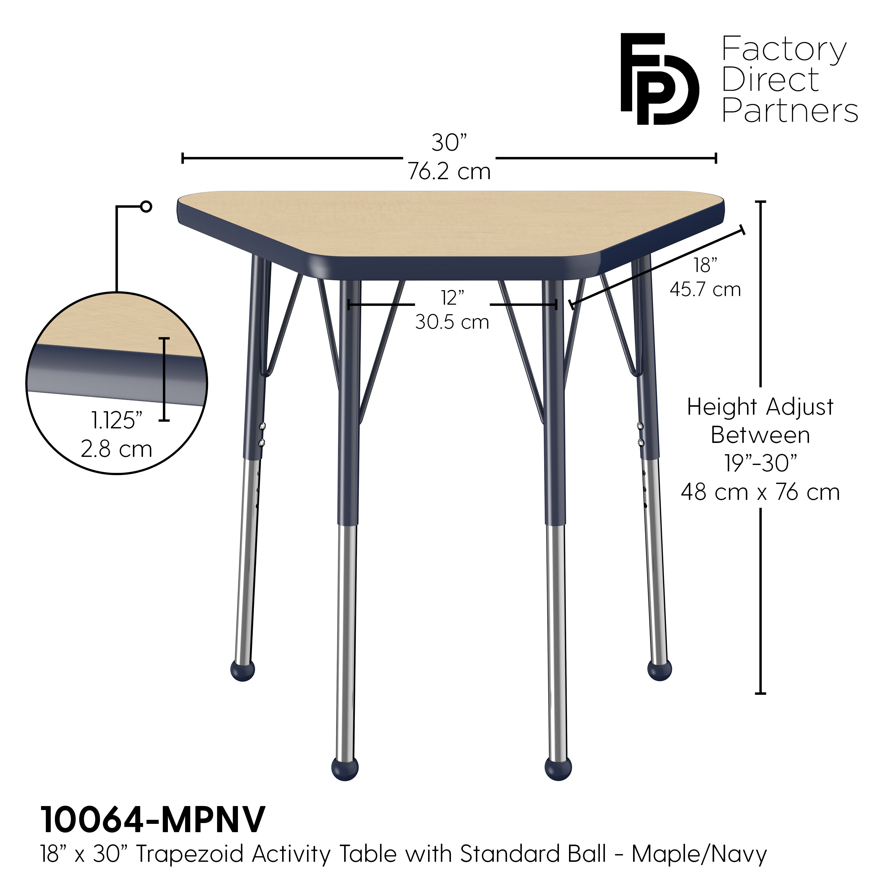 18" x 30" Trapezoid T-Molding Activity Table with Adjustable Standard Ball Glide Legs - Maple/Navy