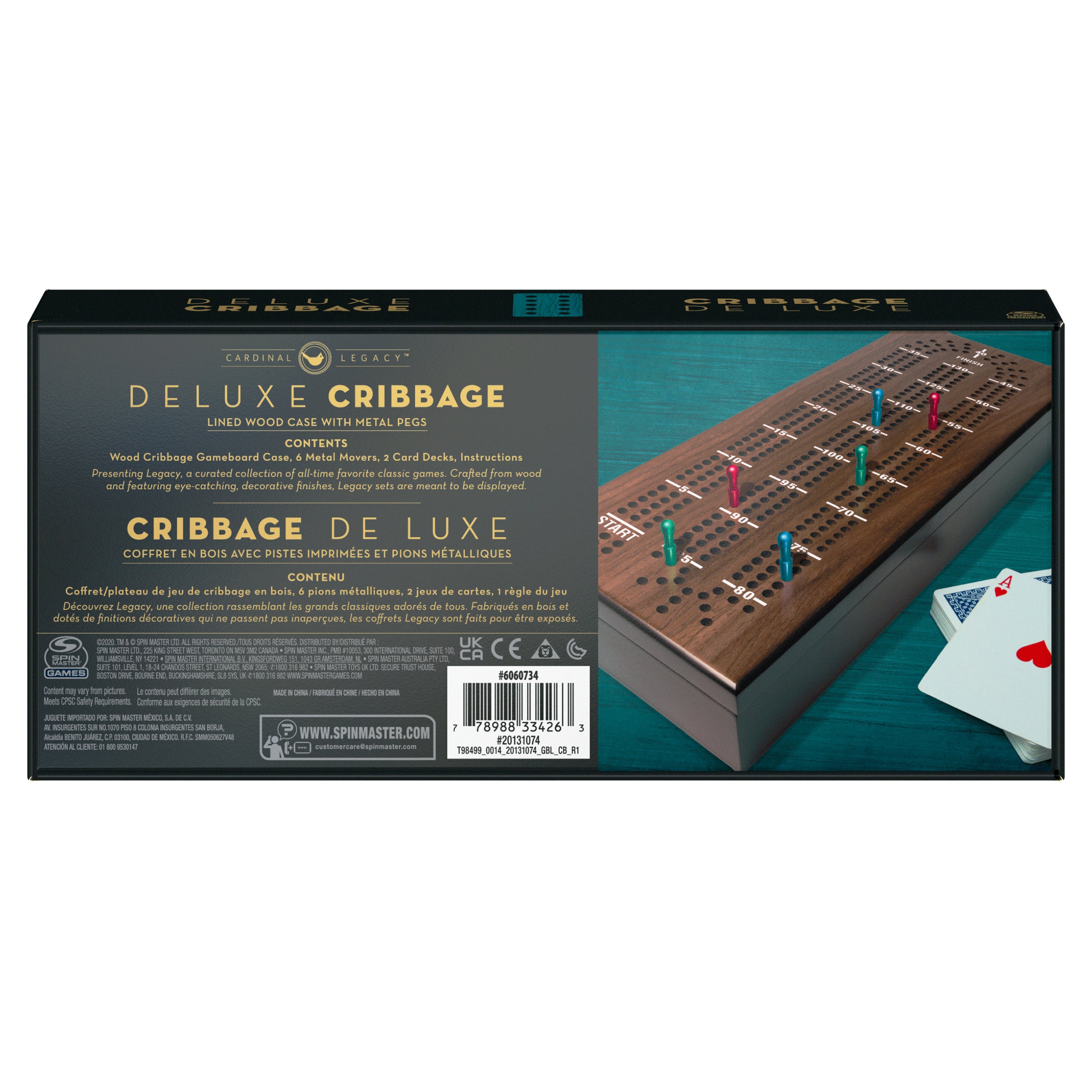 Legacy Deluxe Cribbage Classic Game with Lined Wooden Case and Colored Metal Movers, Family Game for 2 to 4 Players Ages 8 and up