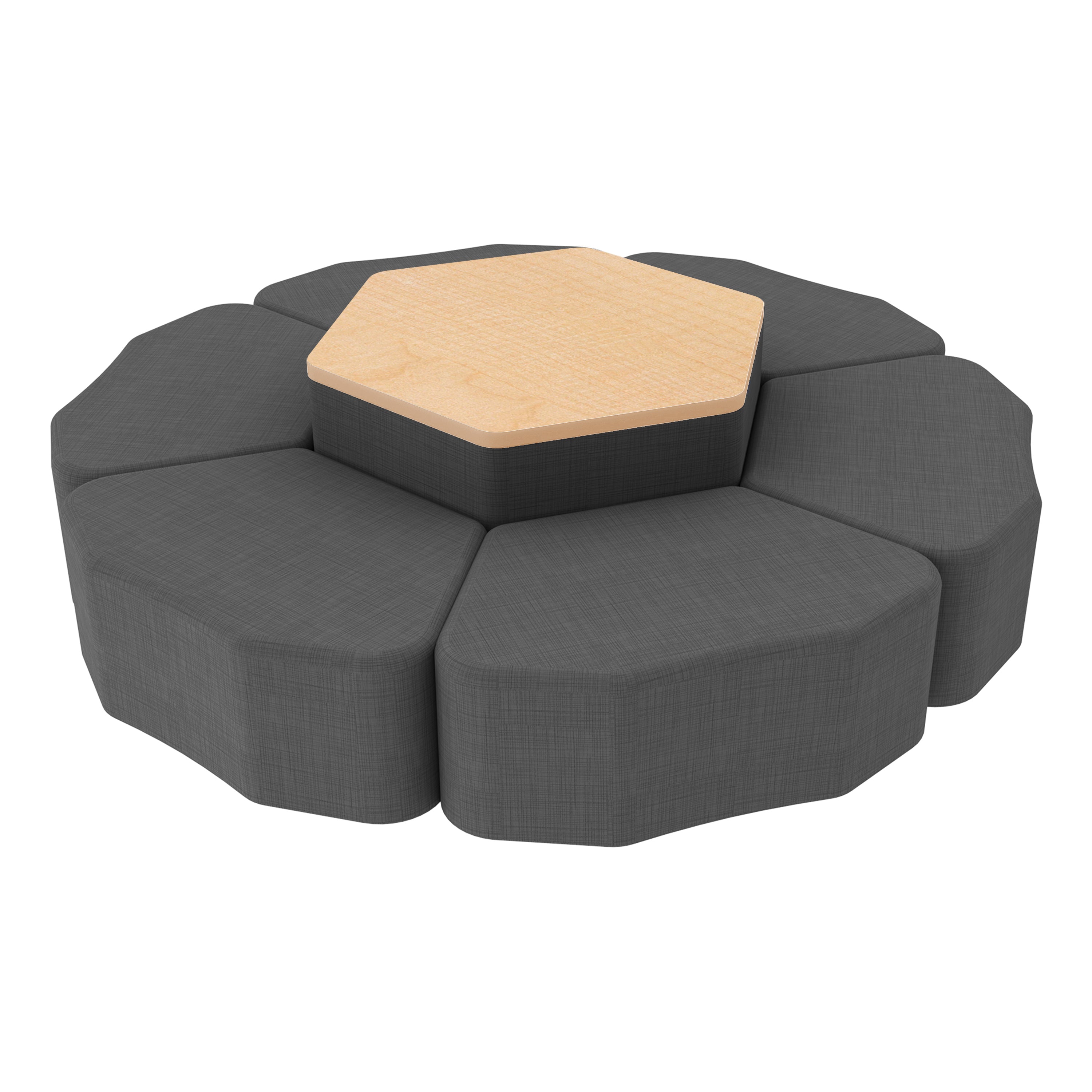 Pro Series Hexagon Ottoman Table with Petal 12" H Seating, 7-Piece Set - Slate Gray Crosshatch/Maple