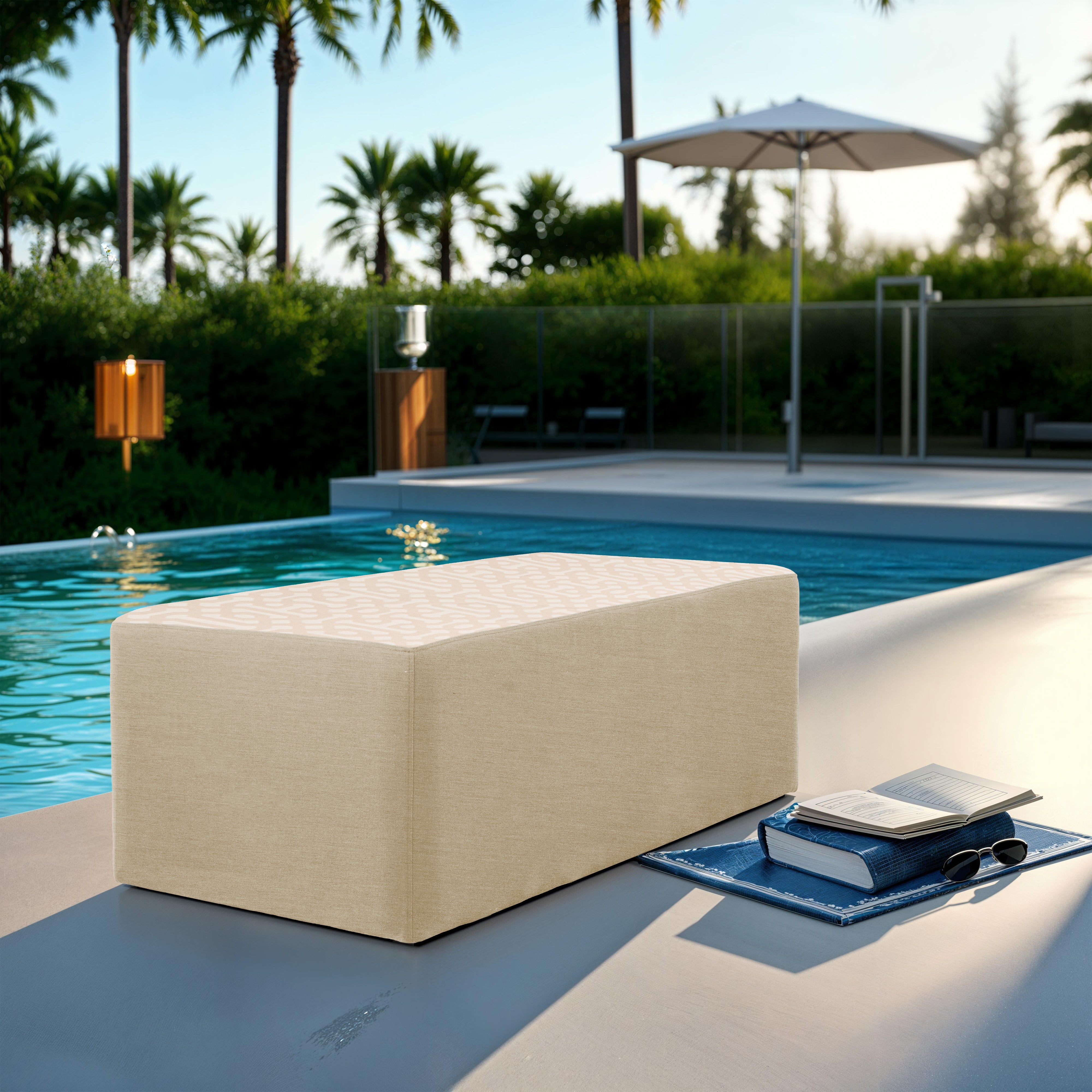 Outdoor 24" x 48" Rectangle Ottoman with Sunbrella, 18" H - Fretwork Flax/Spectrum Sand