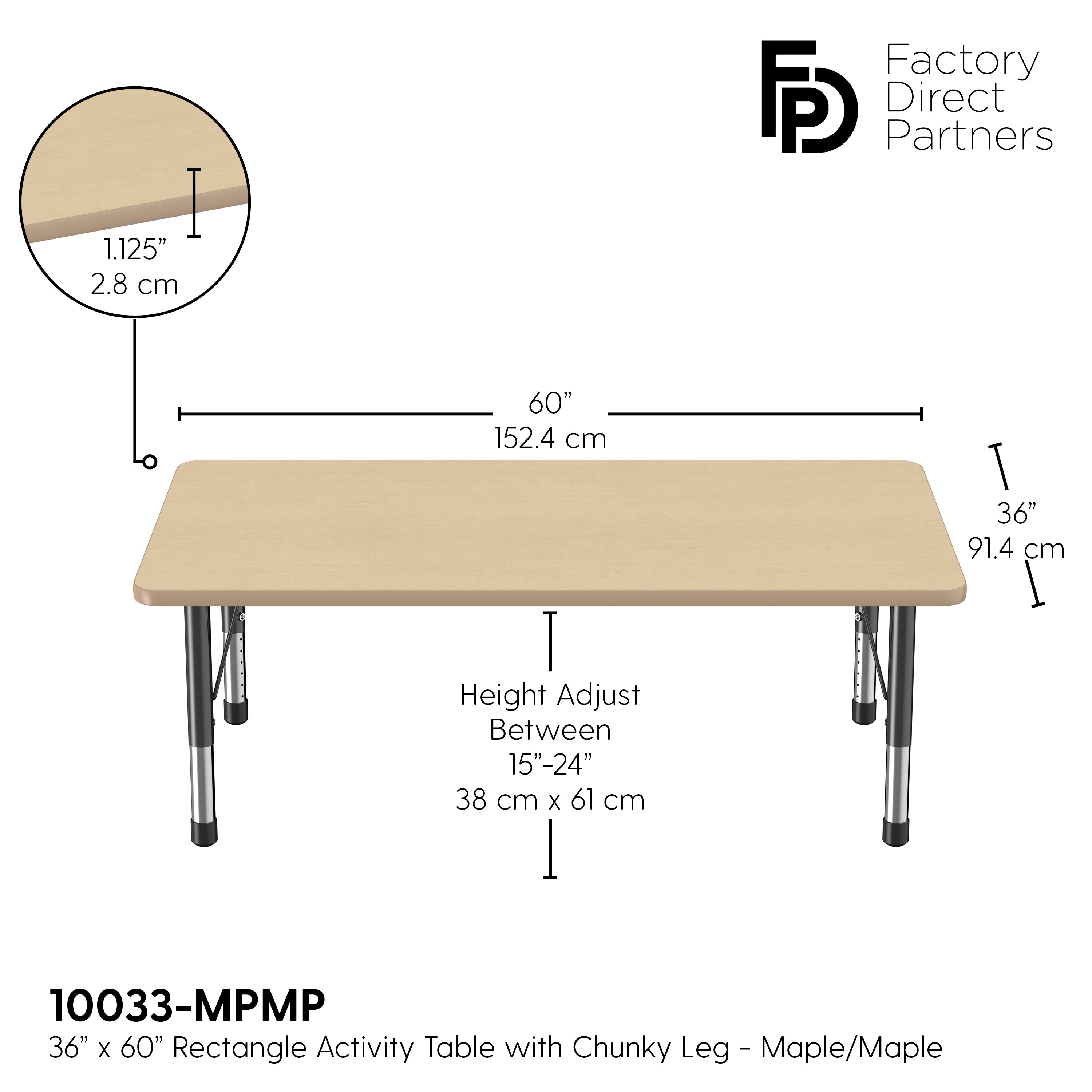 36" x 60" Rectangle T-Molding Activity Table with Adjustable Chunky Legs - Maple/Maple/Black