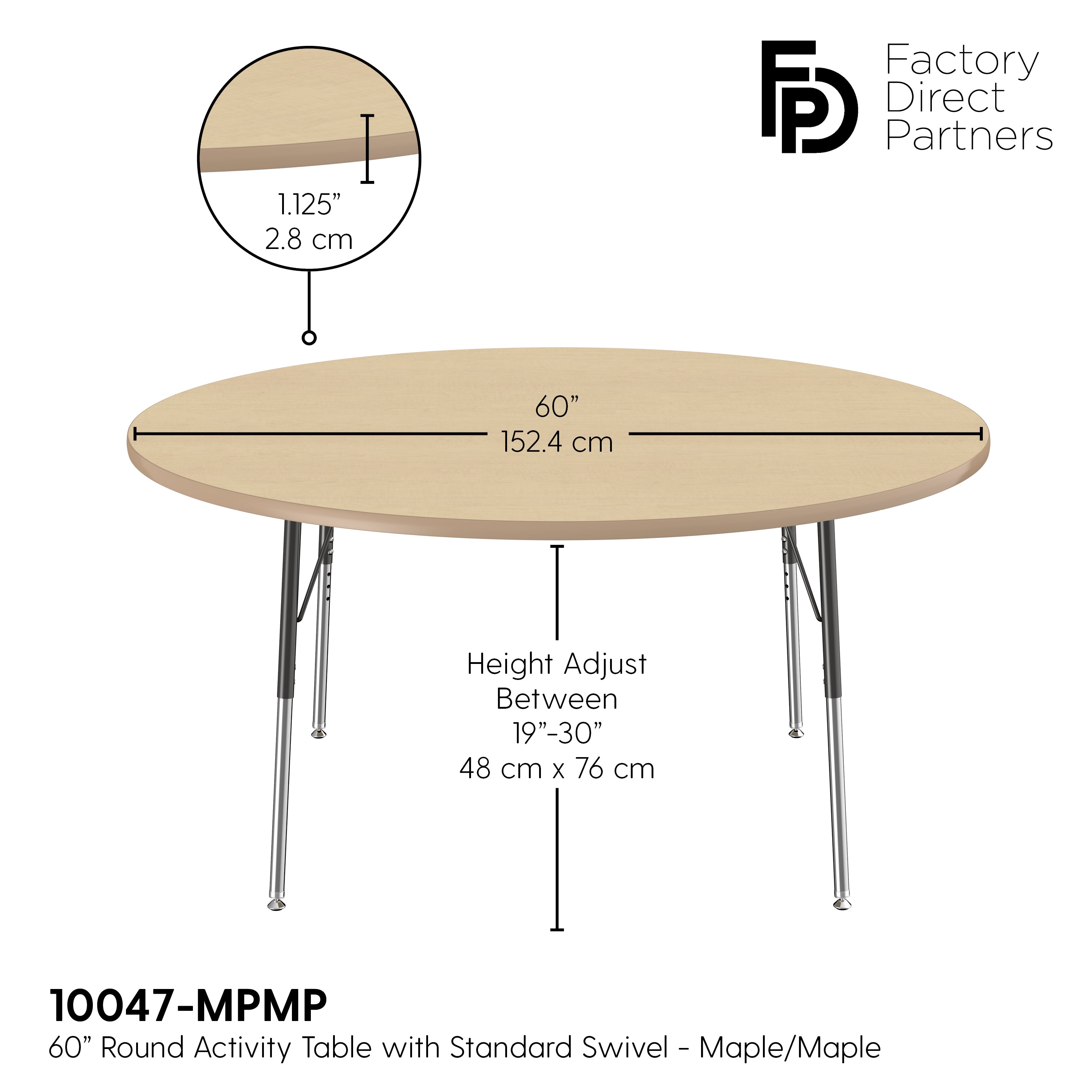 60" Round T-Molding Activity Table with Adjustable Standard Swivel Glide Legs - Maple/Maple/Black