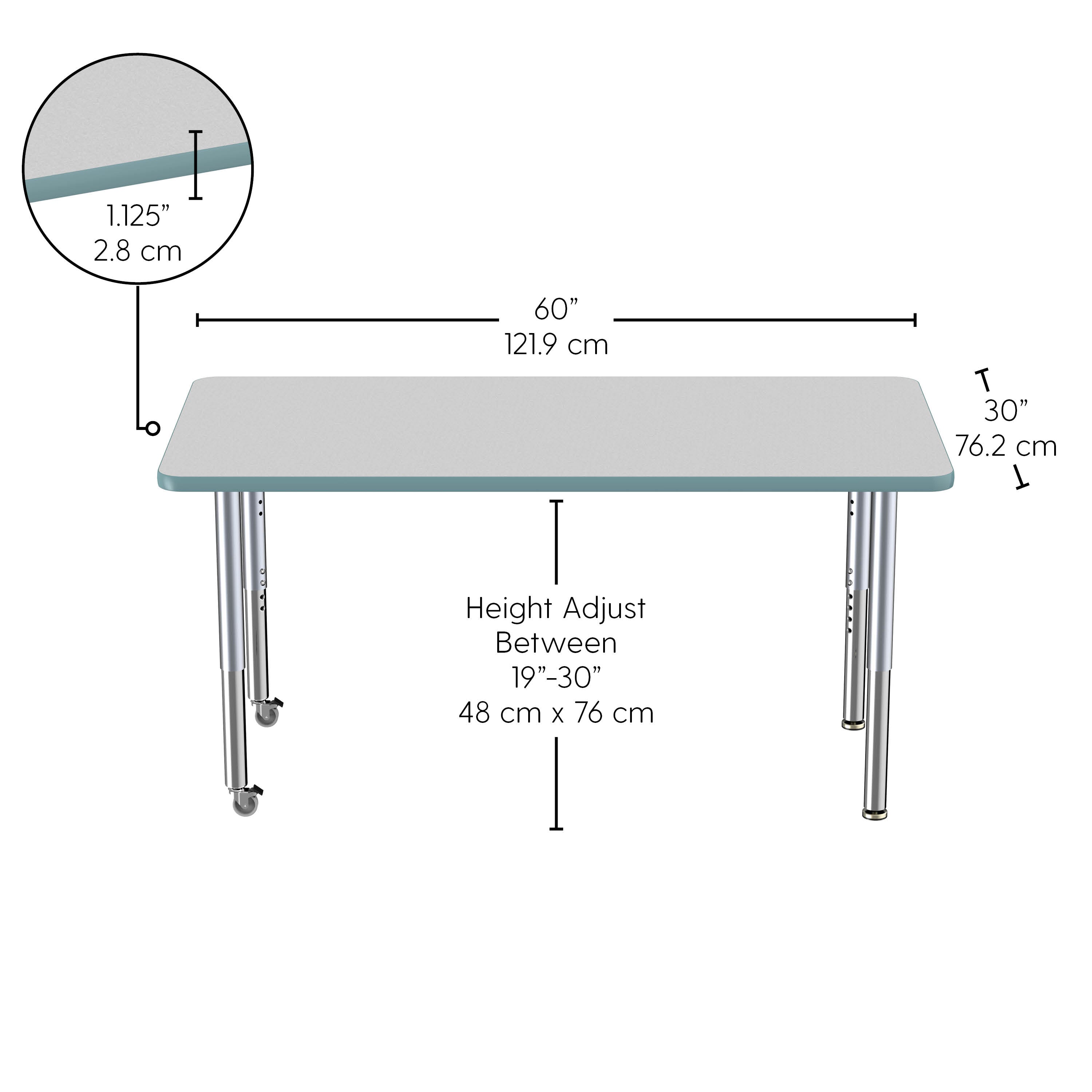 30" x 60" Rectangle Thermofused Activity Table with Adjustable Super Legs - Gray/Seafoam/Silver