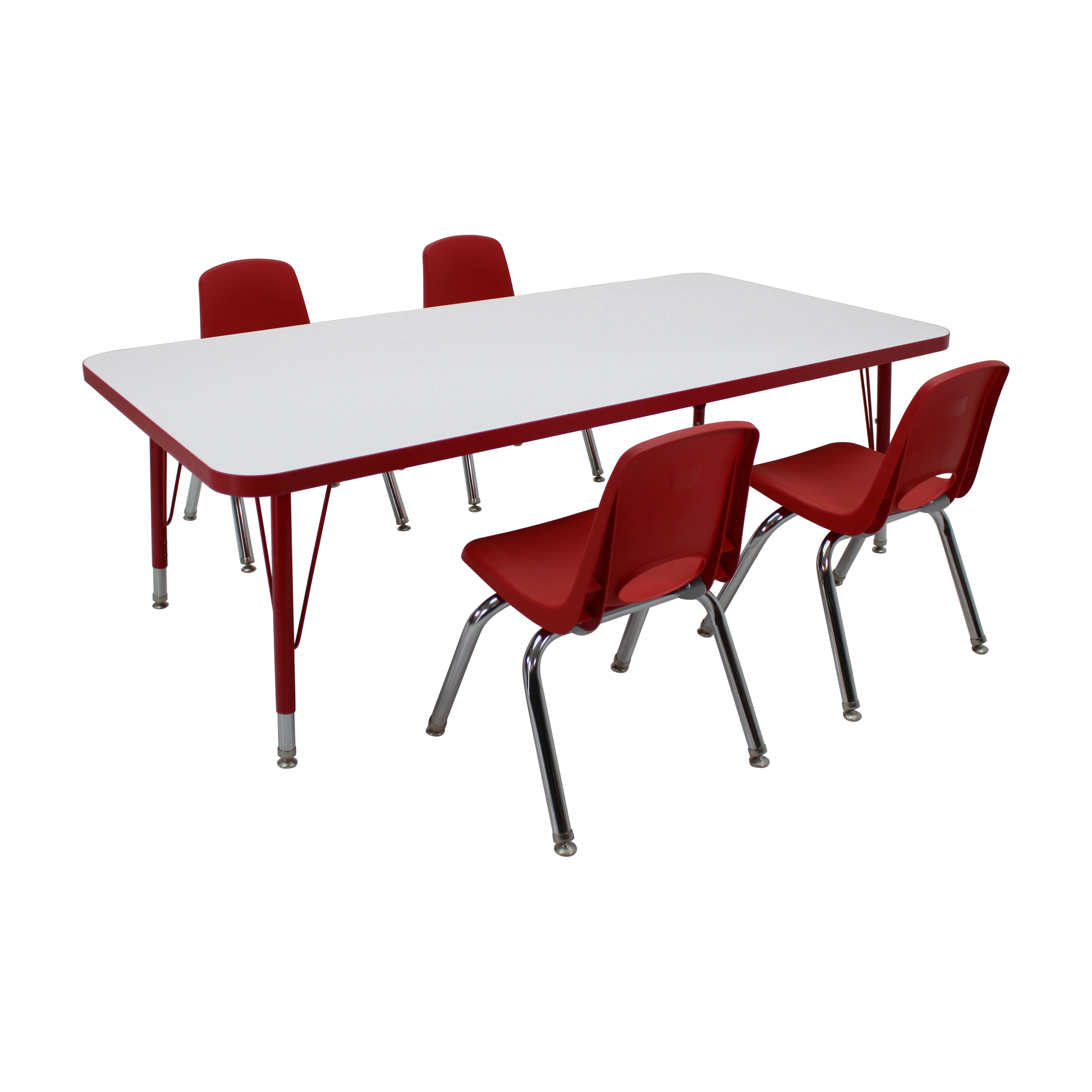 30" x 60" Rectangle Dry-Erase Activity Table with Standard Legs and 12" Stack Chairs with Swivel Glides, 5-Piece Set - Whiteboard/Red