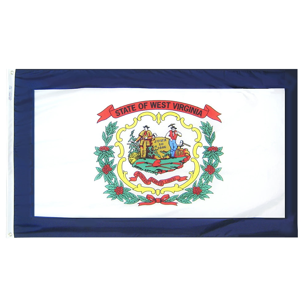 West Virginia State Flag 3x5 ft. Nylon SolarGuard Nyl-Glo 100% Made in USA to Official State Design Specifications.