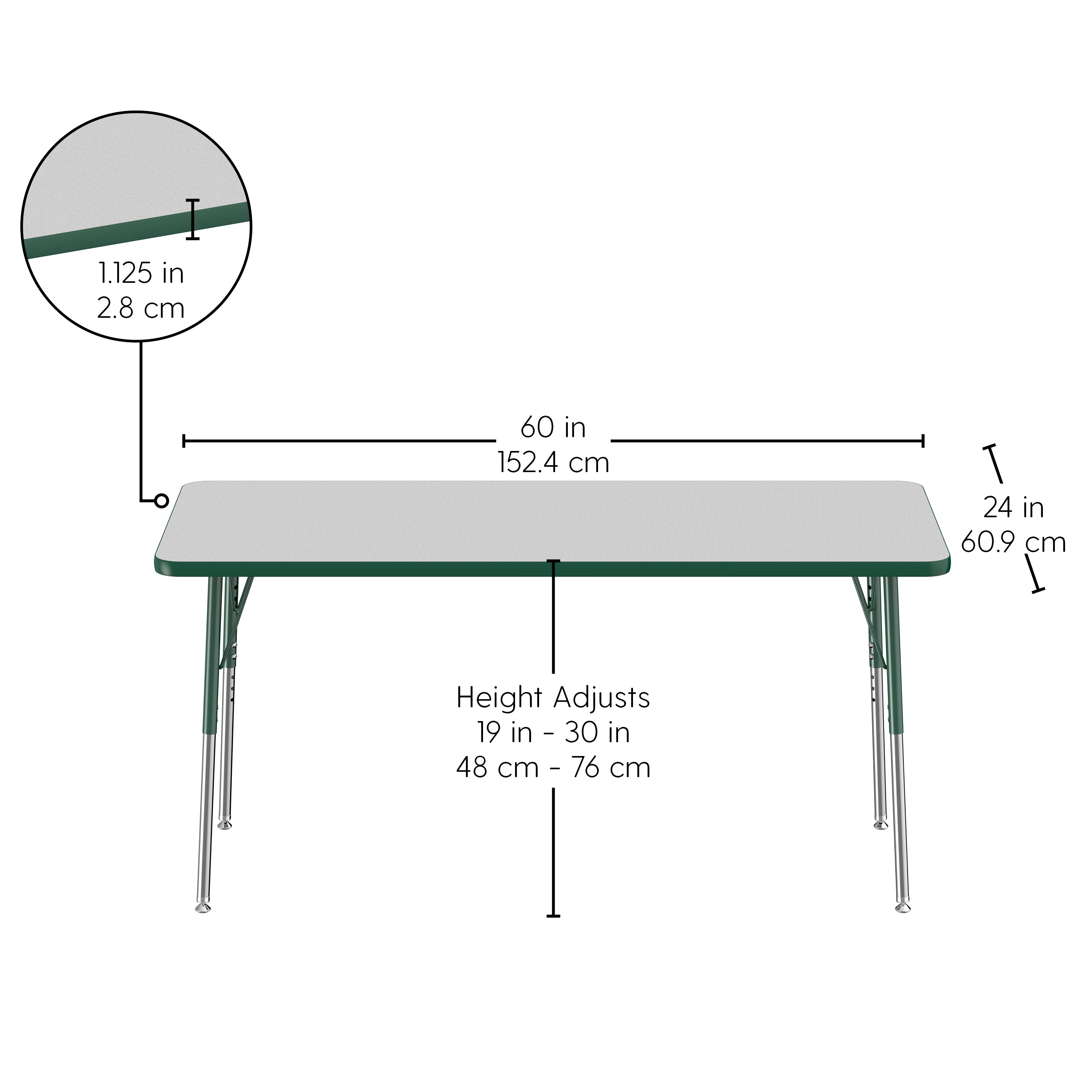 24" x 60" Rectangle T-Molding Activity Table with Adjustable Standard Swivel Glide Legs - Gray/Green