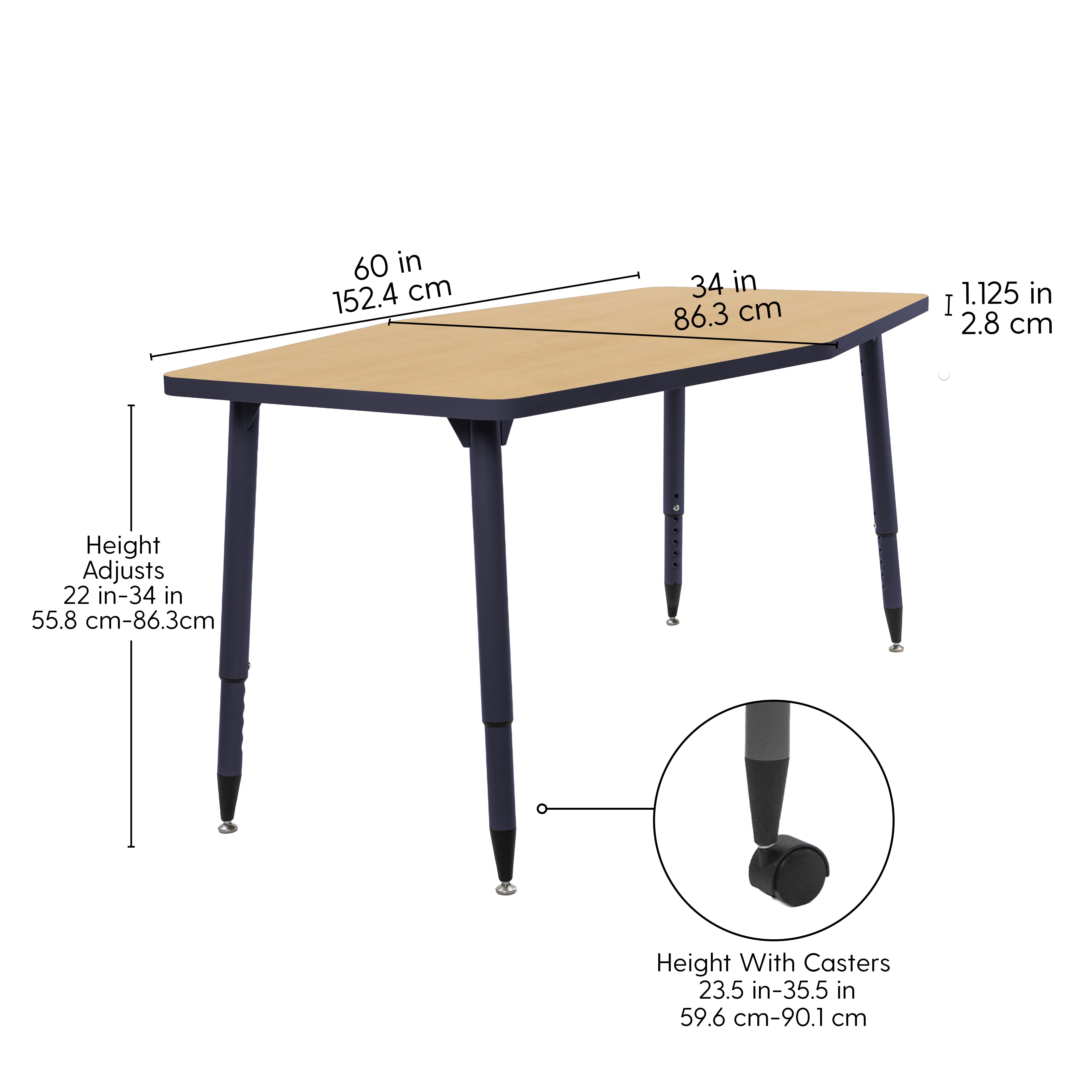 Adapte 34" x 60" Long Hexagon Thermofused Activity Table with Adjustable Tapered Legs - Maple/Navy