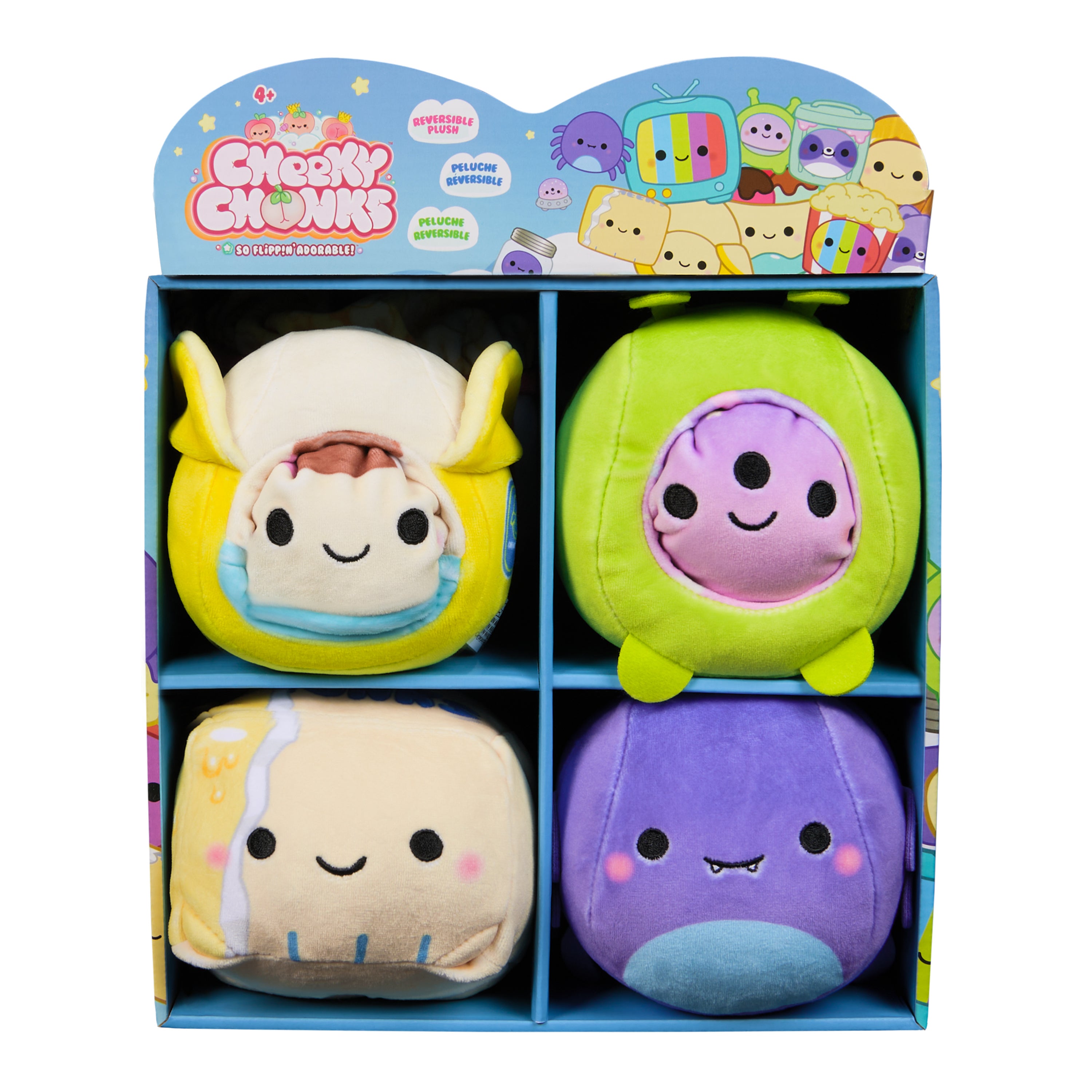 Cheeky Chonks Snacky Seats CDU, 4.5” Reversible Plush Toys Assorted Styles