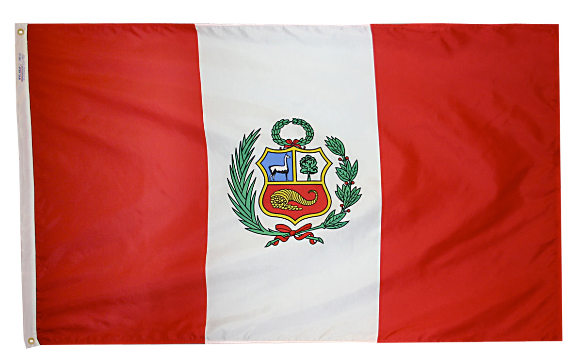 Peru Flag 4x6 ft. Nylon SolarGuard Nyl-Glo 100% Made in USA to Official United Nations Design Specifications.