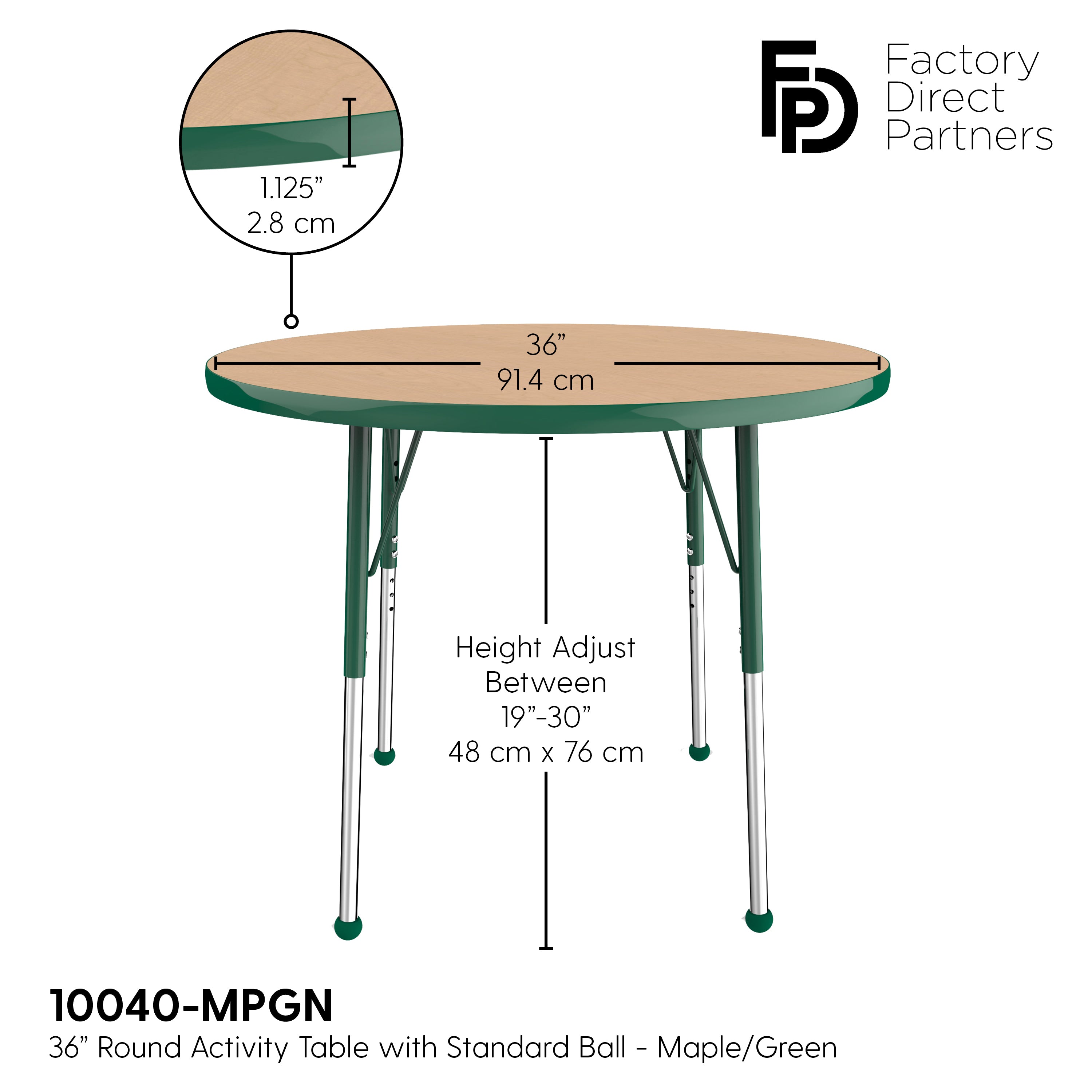 36" Round T-Molding Activity Table with Adjustable Standard Ball Glide Legs - Maple/Green