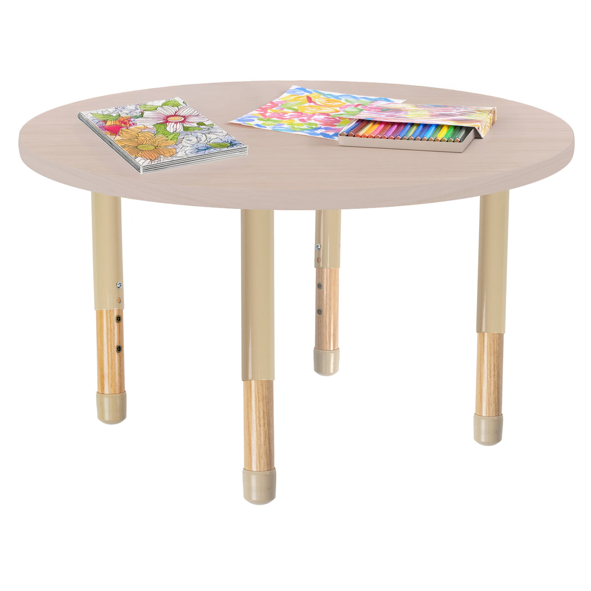36" x 36" Round Thermofused Activity Table with Adjustable Chunky Wood Legs - Asian Sand/Sand/Natural