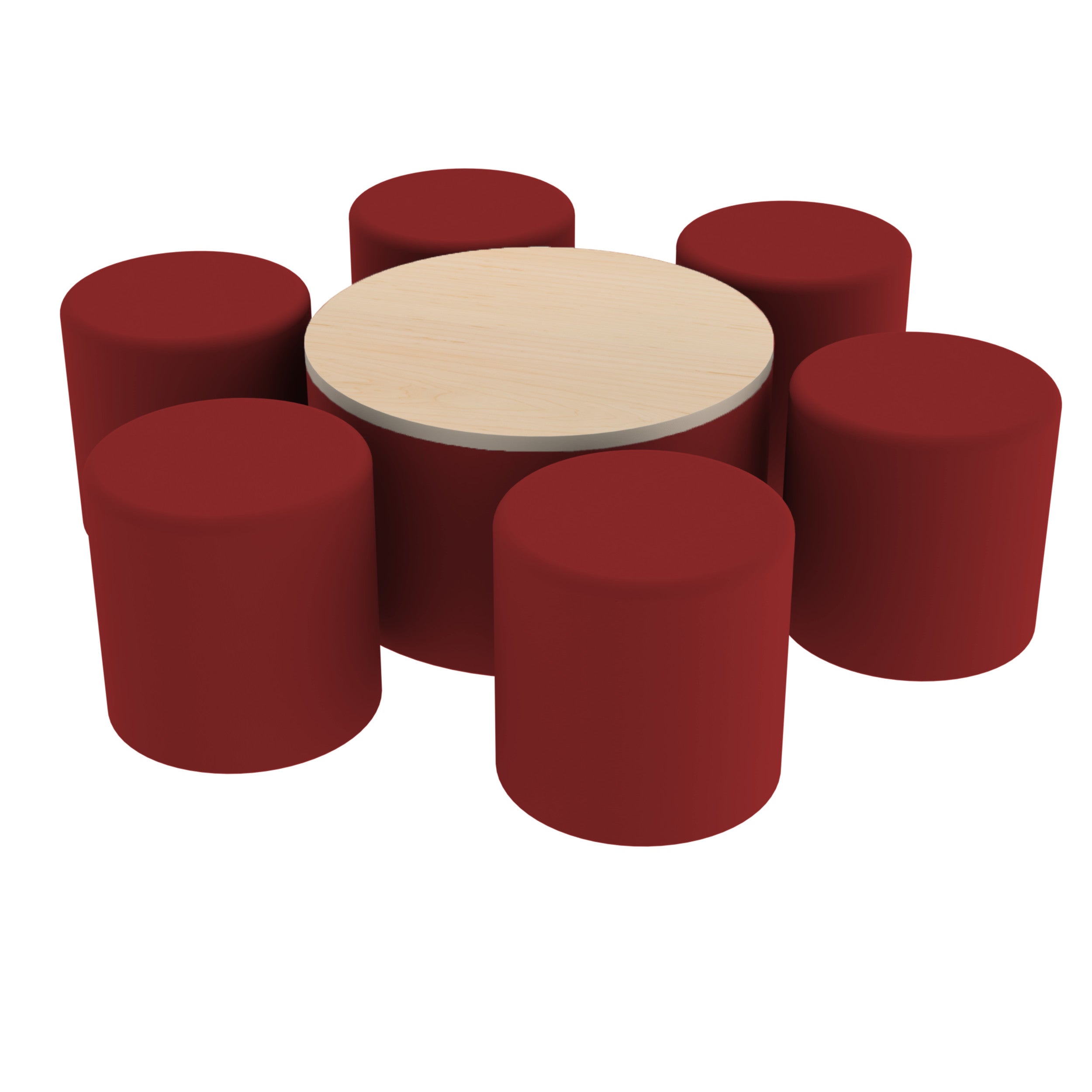 Pro Series 30" Round Ottoman Table with Round 18" H Seating, 7-Piece Set - Crimson/Maple