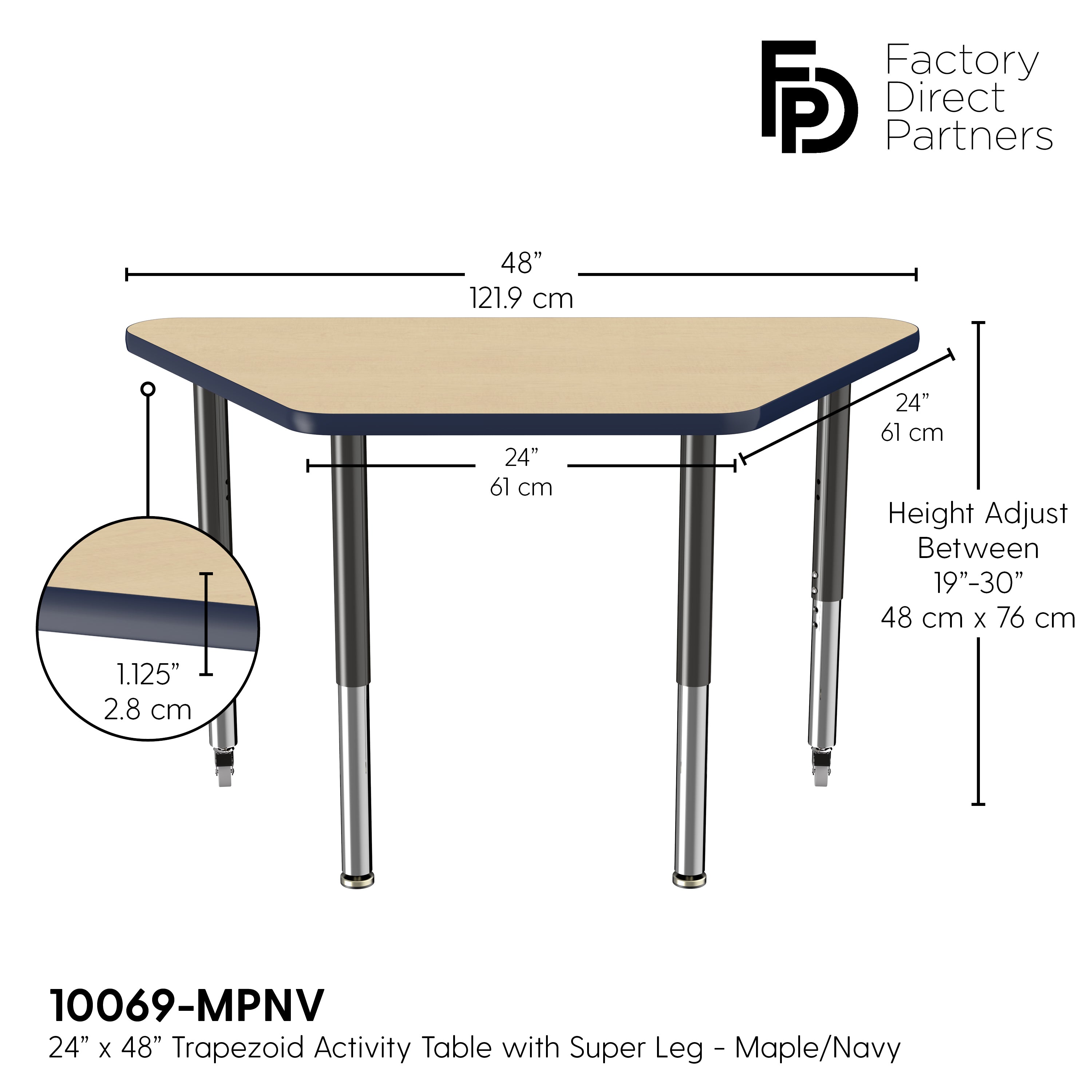 24" x 48" Trapezoid T-Molding Activity Table with Adjustable Super Legs - Maple/Navy/Black