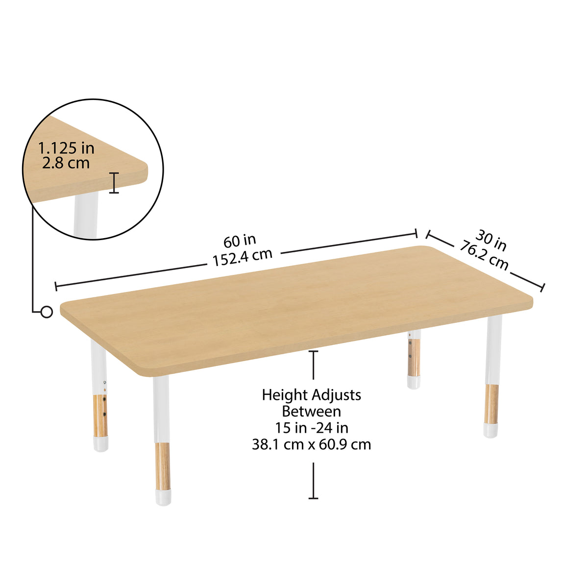 30" x 60" Rectangle Thermofused Activity Table with Adjustable Chunky Wood Legs - Maple Grain/White/Natural