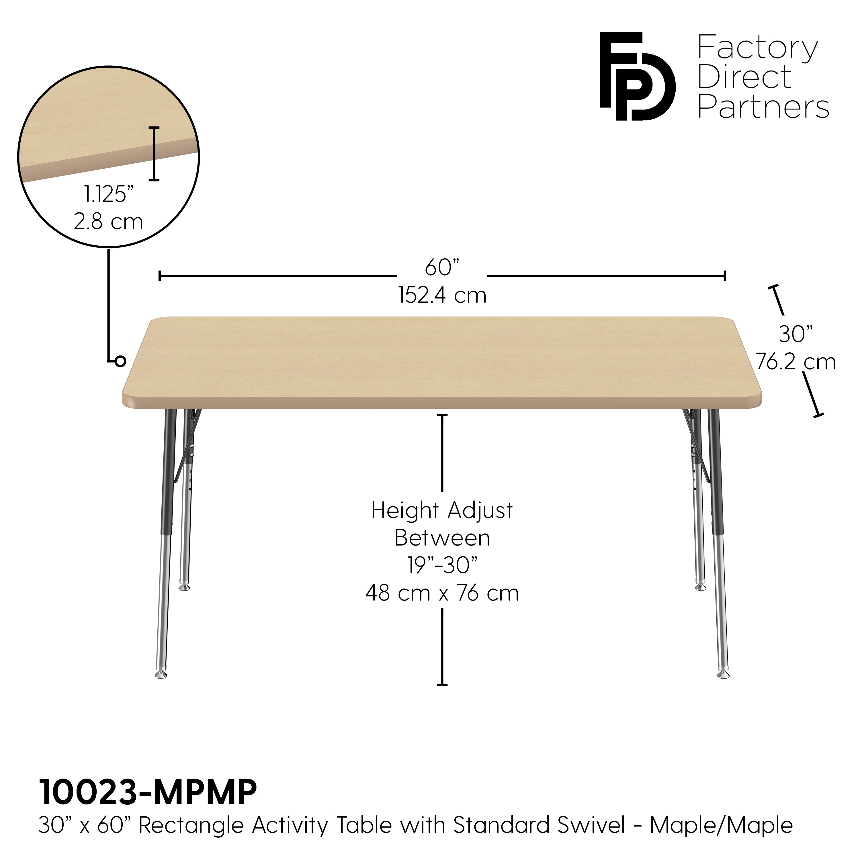 30" x 60" Rectangle T-Molding Activity Table with Adjustable Standard Swivel Glide Legs - Maple/Maple/Black