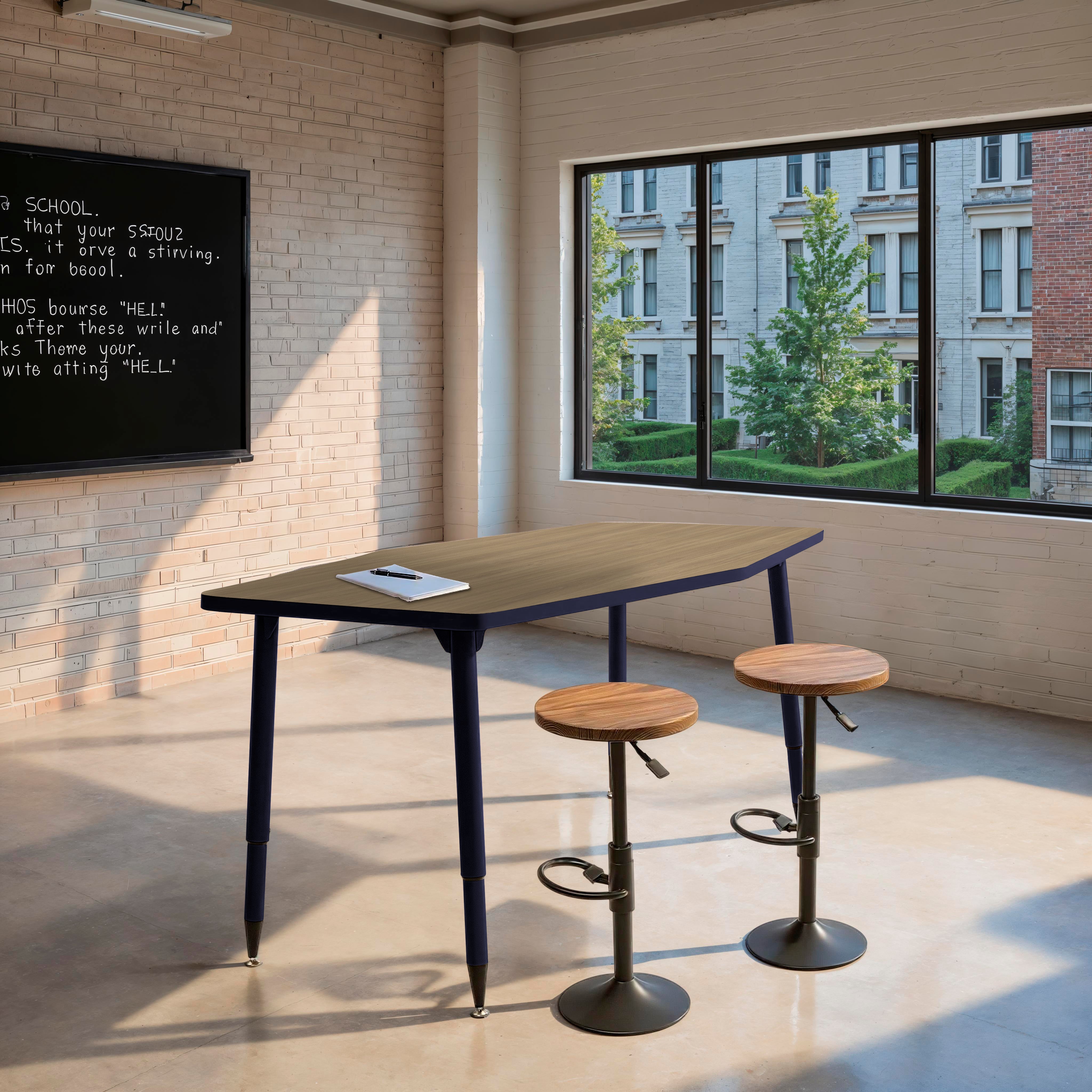 Adapte 34" x 60" Long Hexagon Thermofused Activity Table with Adjustable Tapered Legs - Pasadena Oak/Navy