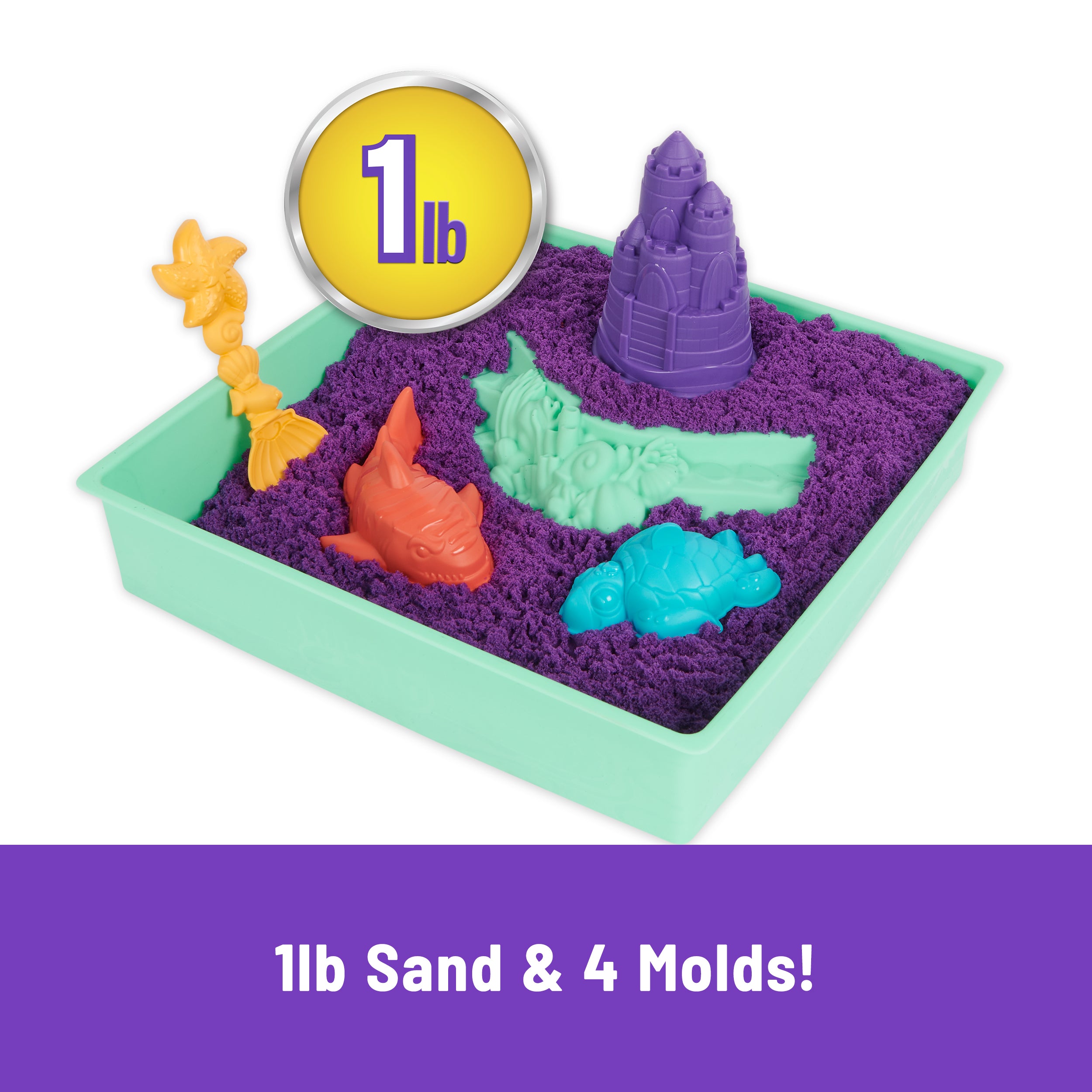 Kinetic Sand, Sandbox Set with 1lb Purple Play Sand, 4 Tools & Molds, Storage, Sensory Toys for Kids Ages 3 and up