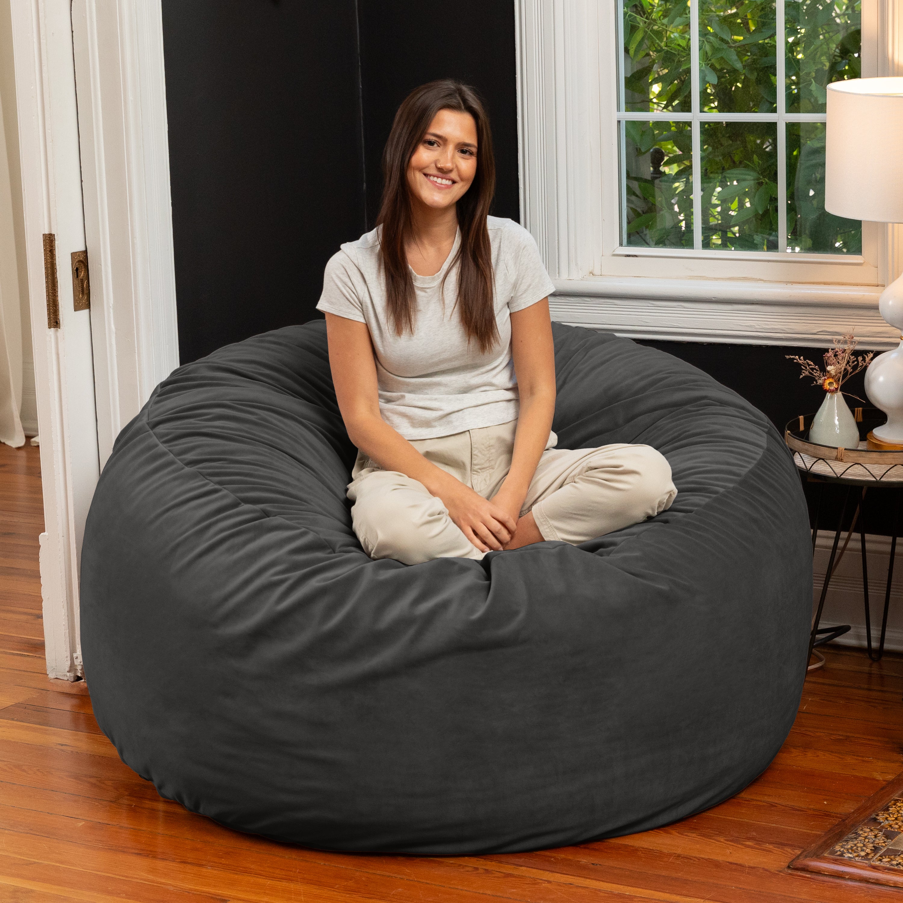Jaxx 5 Foot Saxx - Large Round Bean Bag Chair for Adults - Lush Velvet Black