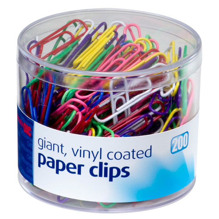 Paper Clips, Giant Vinyl, Assorted Colors, 200/Tub