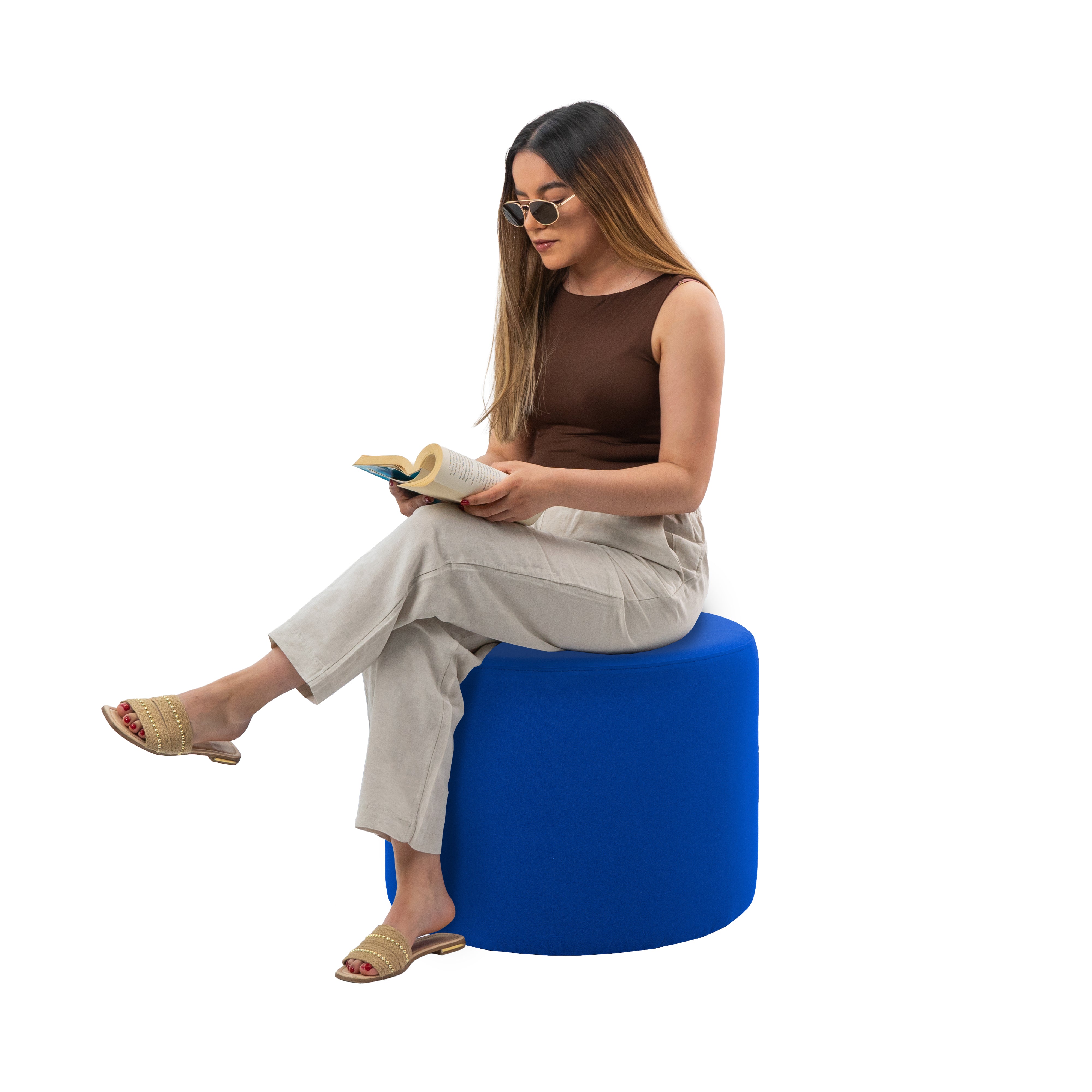 Outdoor 24" Round Ottoman with Sunbrella®, 18" H - Canvas Pacific Blue