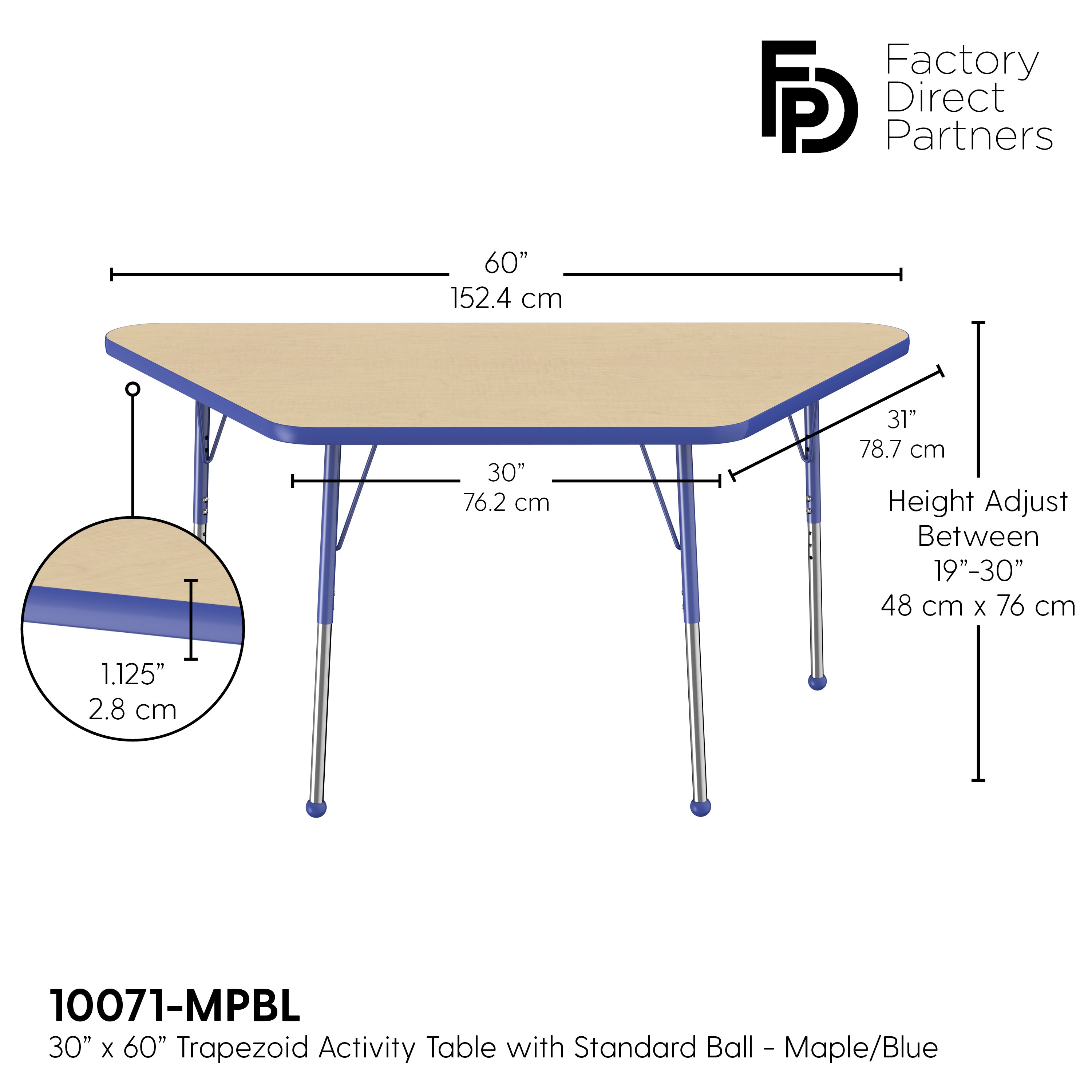 30" x 60" Trapezoid T-Molding Activity Table with Adjustable Standard Ball Glide Legs - Maple/Blue