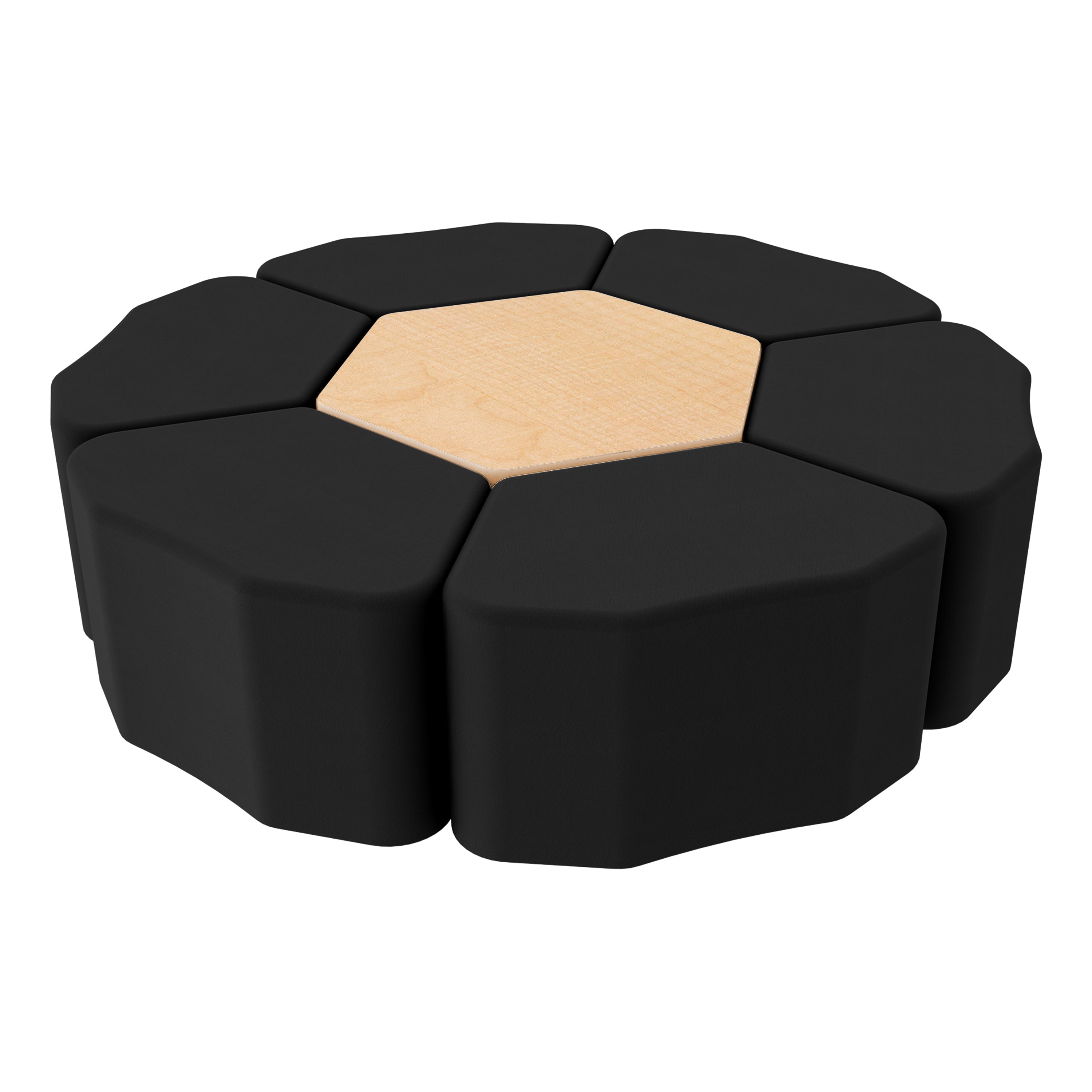 Pro Series Hexagon Ottoman Table with Petal 18" H Seating, 7-Piece Set - Black/Maple