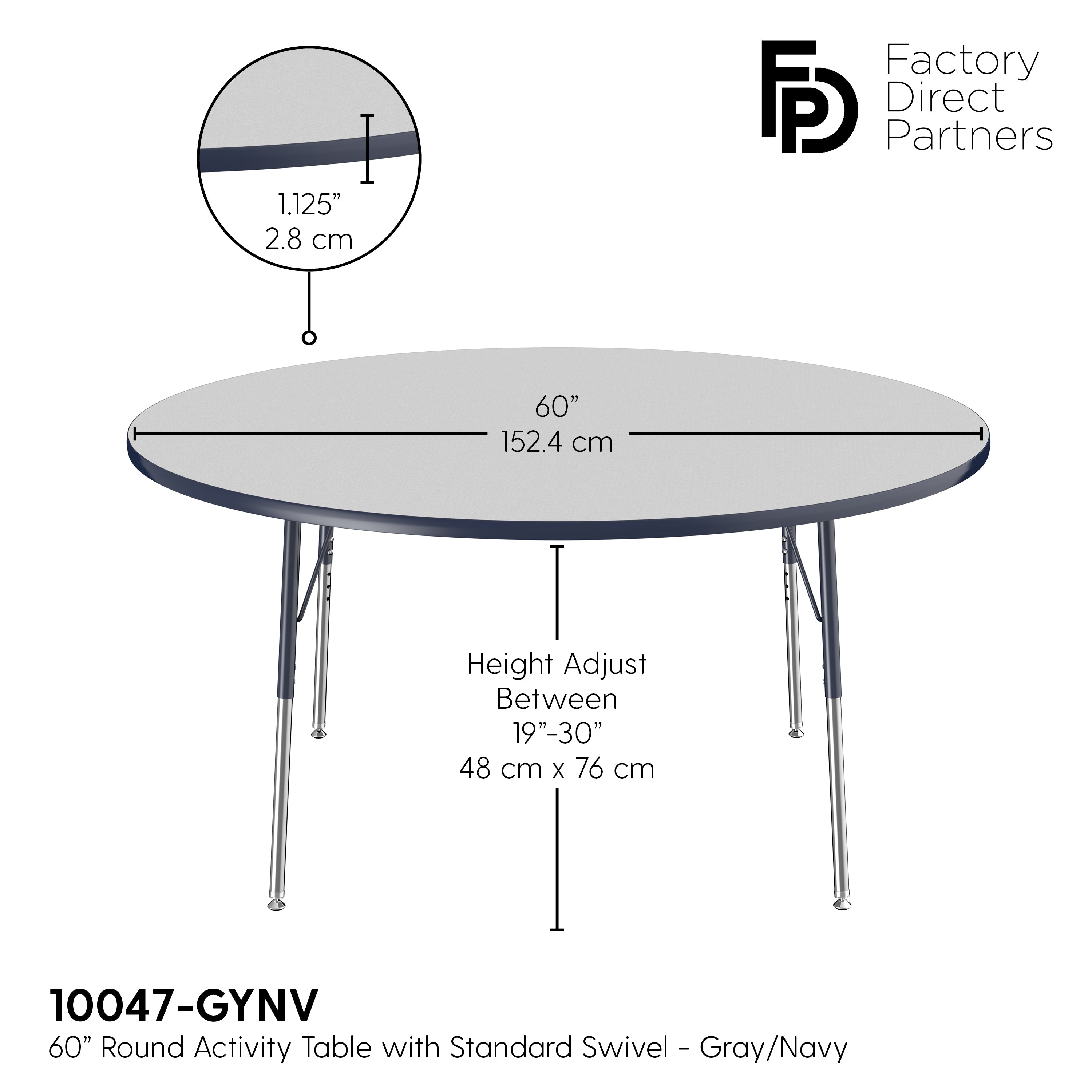 60" Round T-Molding Activity Table with Adjustable Standard Swivel Glide Legs - Gray/Navy