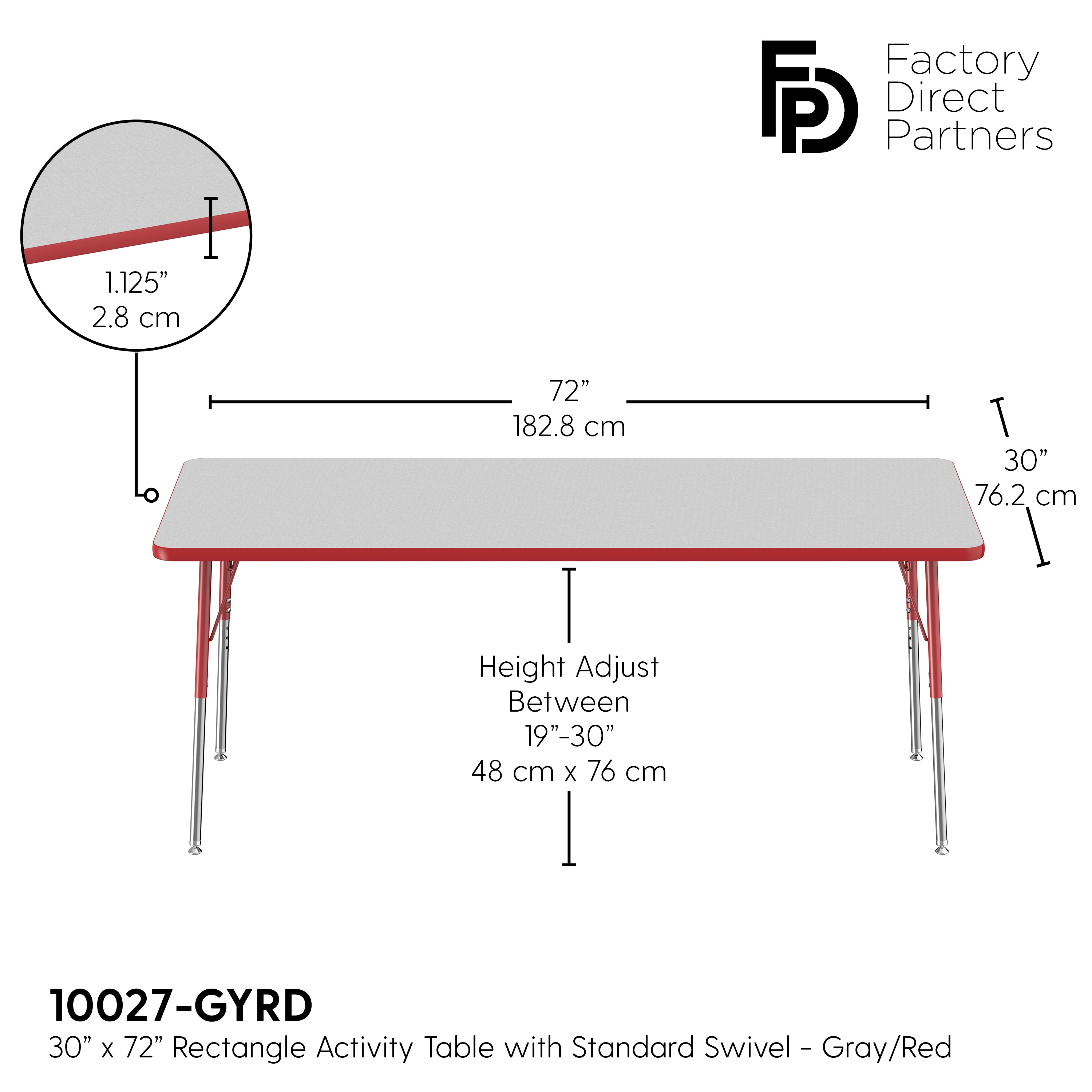 30" x 72" Rectangle T-Molding Activity Table with Adjustable Standard Swivel Glide Legs - Gray/Red