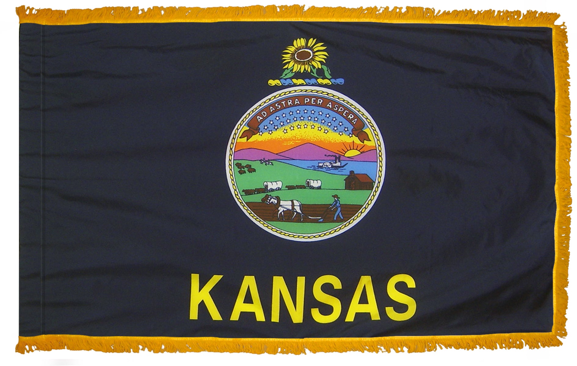 Kansas State Flag 4x6 ft. Nylon with Pole Sleeve and Gold Fringe for Parades, and Indoor Display