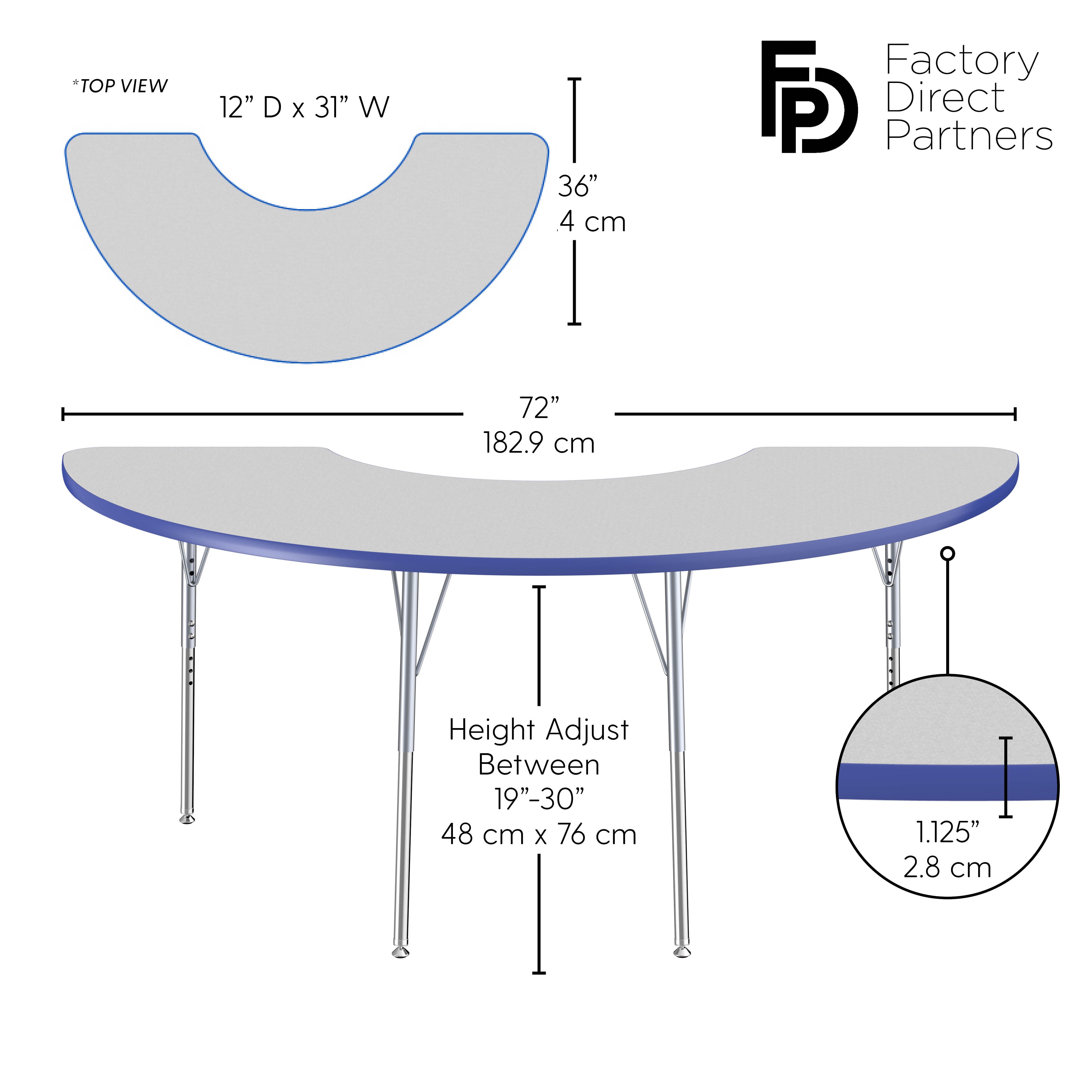 36" x 72" Half Moon T-Molding Activity Table with Adjustable Standard Swivel Glide Legs - Gray/Blue/Silver