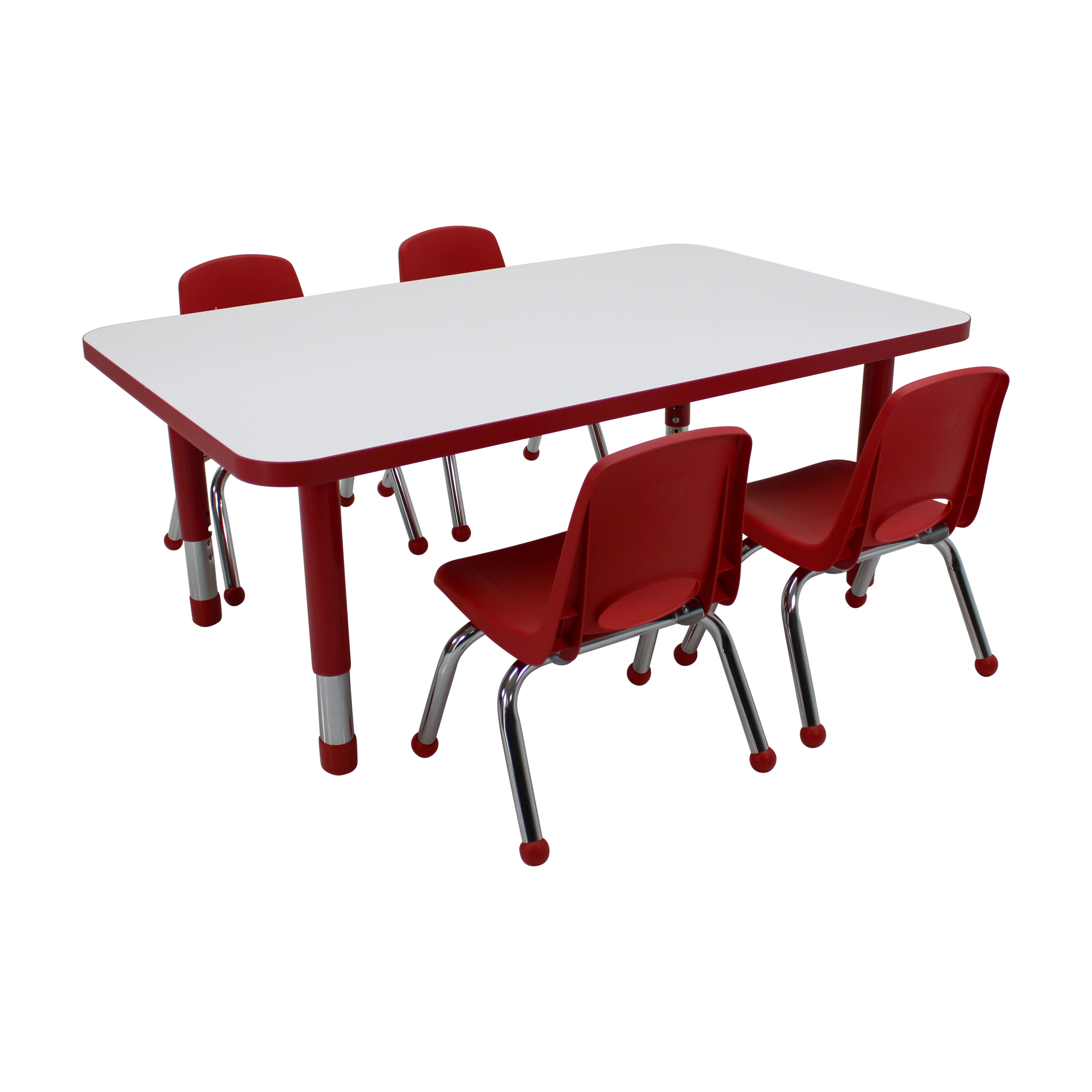 30" x 48" Rectangle Dry-Erase Activity Table with Chunky Legs and 10" Stack Chairs with Ball Glides, 5-Piece Set - Whiteboard/Red