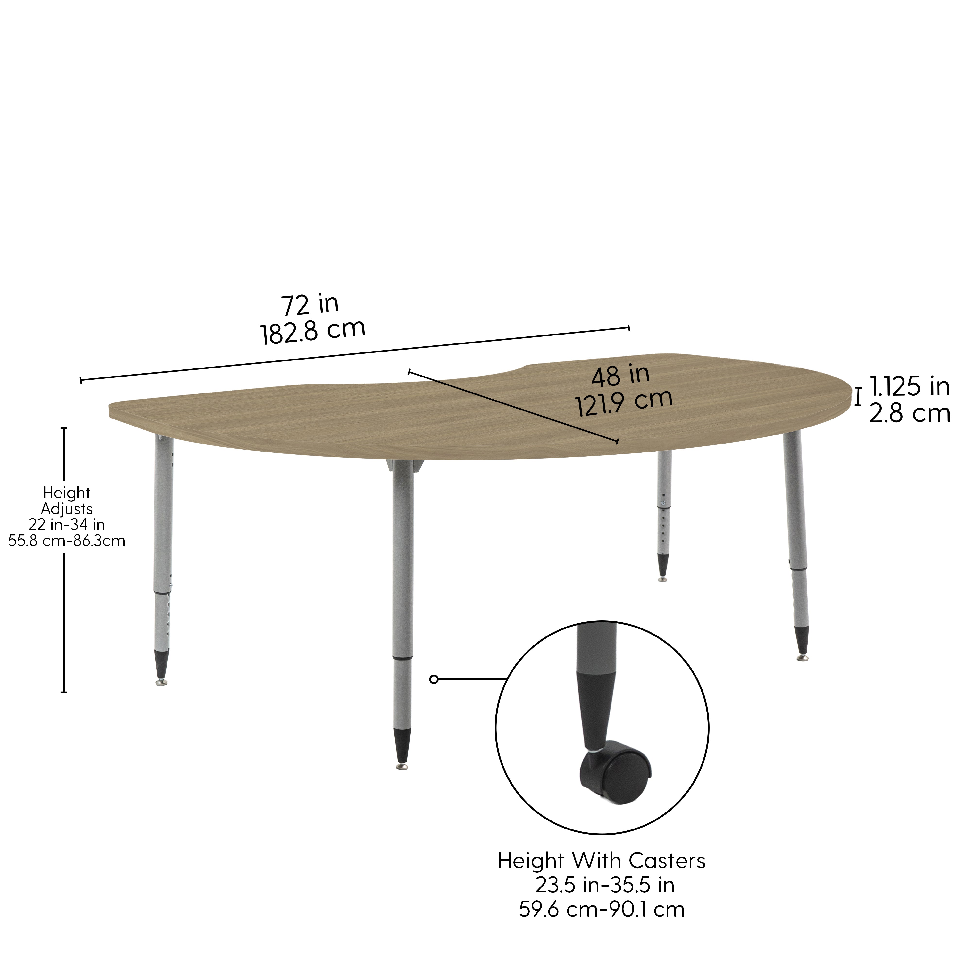 Adapte 48" x 72" Kidney Woodgrain Activity Table with Adjustable Tapered Legs - Pasadena Oak/Silver