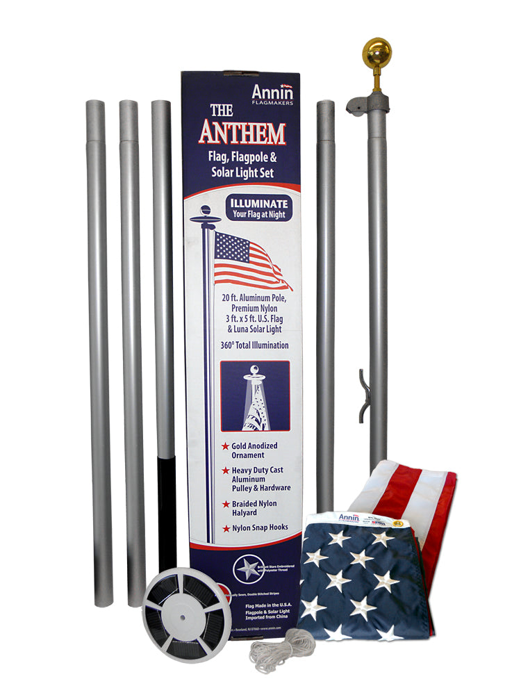 American Flag and Flagpole Set - 20 ft. Aluminum 5-section In-Ground Flagpole and US Flag 3x5 ft. SolarGuard Nylon by Annin Flagmakers, Anthem Kit Model 742371