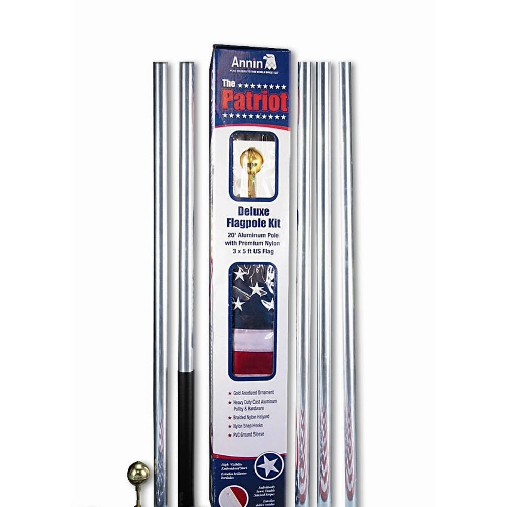 American Flag and Flagpole Set - 20 ft. Aluminum 5 Section In-Ground Flagpole, Includes a US Flag 3x5 ft. SolarGuard Nylon, Patriot Kit