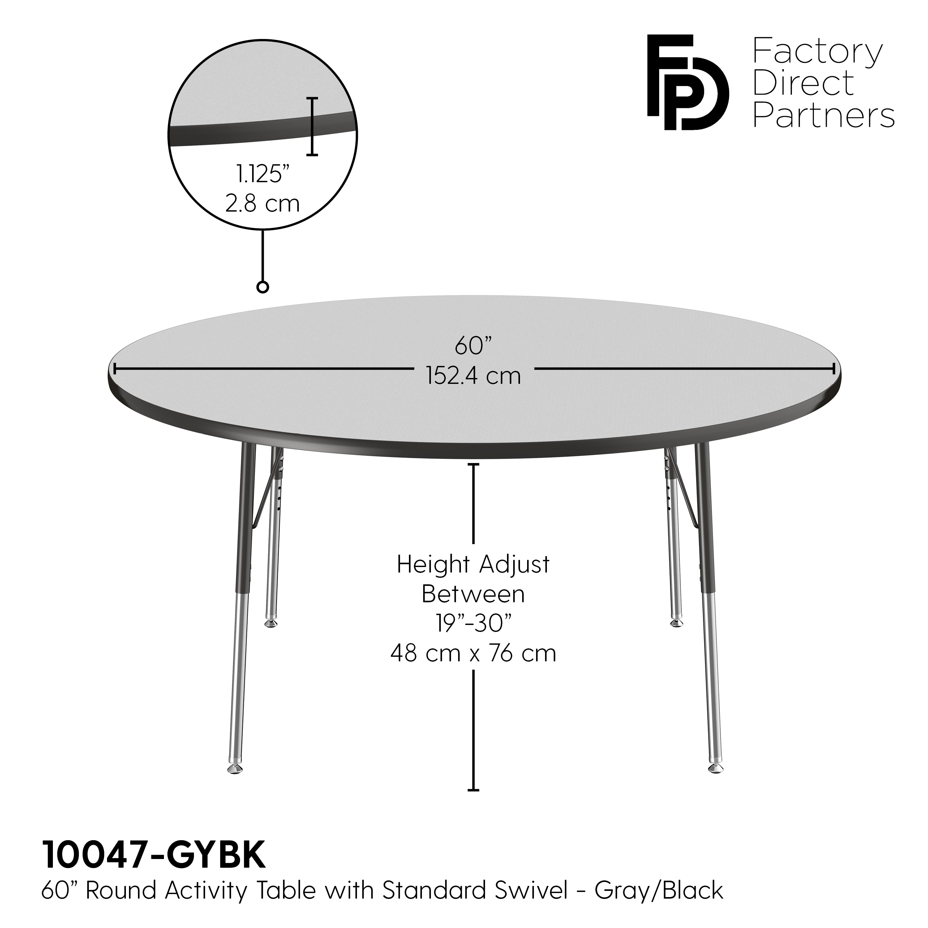 60" Round T-Molding Activity Table with Adjustable Standard Swivel Glide Legs - Gray/Black