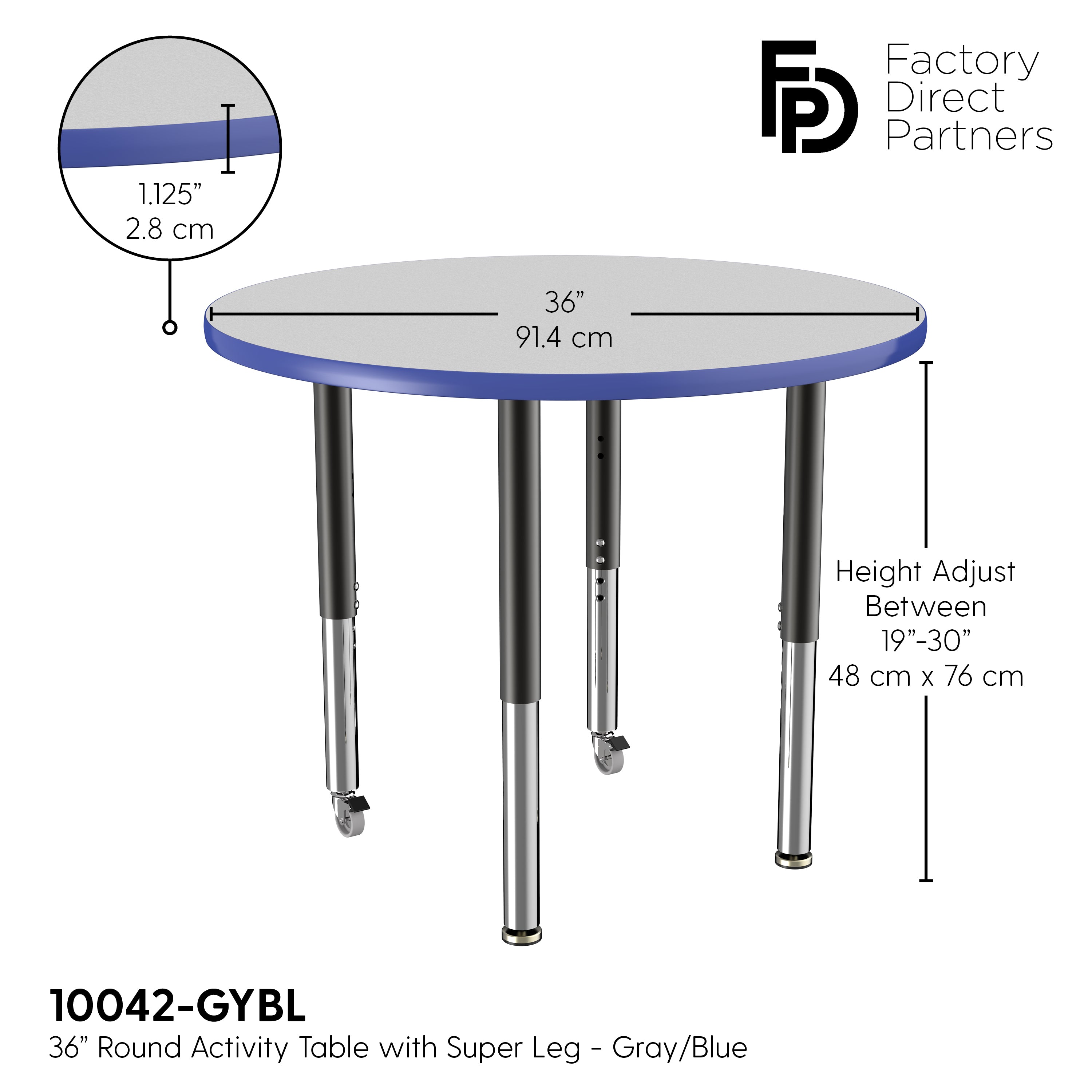 36" Round T-Molding Activity Table with Adjustable Super Legs - Gray/Blue/Black